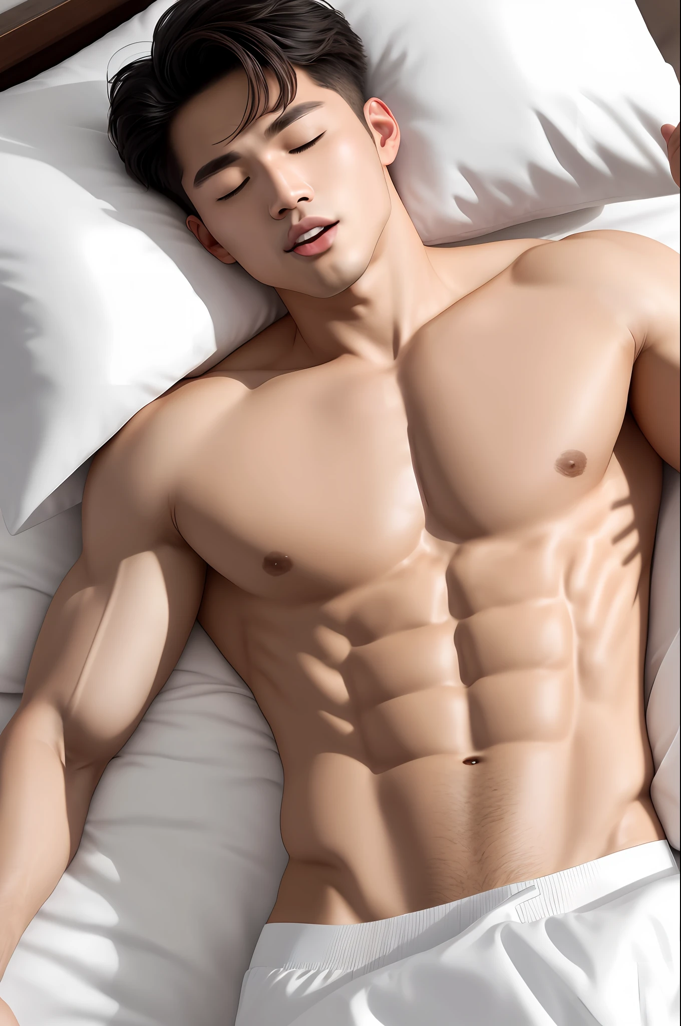 A photo of oppav3, (masterpiece, ultra quality, high resolution, 8k, intricate: 1.2), (detailed face:1.2), handsome, Young Korean man ,white skin, double eyelids , detailed skin, 1boy, ((realistic)), abs, good lighting quality, muscle veins, ((pale skin)), flexing, (tongue out and mouth open:1.2), waking up, tired, morning, (closed eyes:1.3) happy, (lying in bed:1.5), (drooling:1.4), no mustache