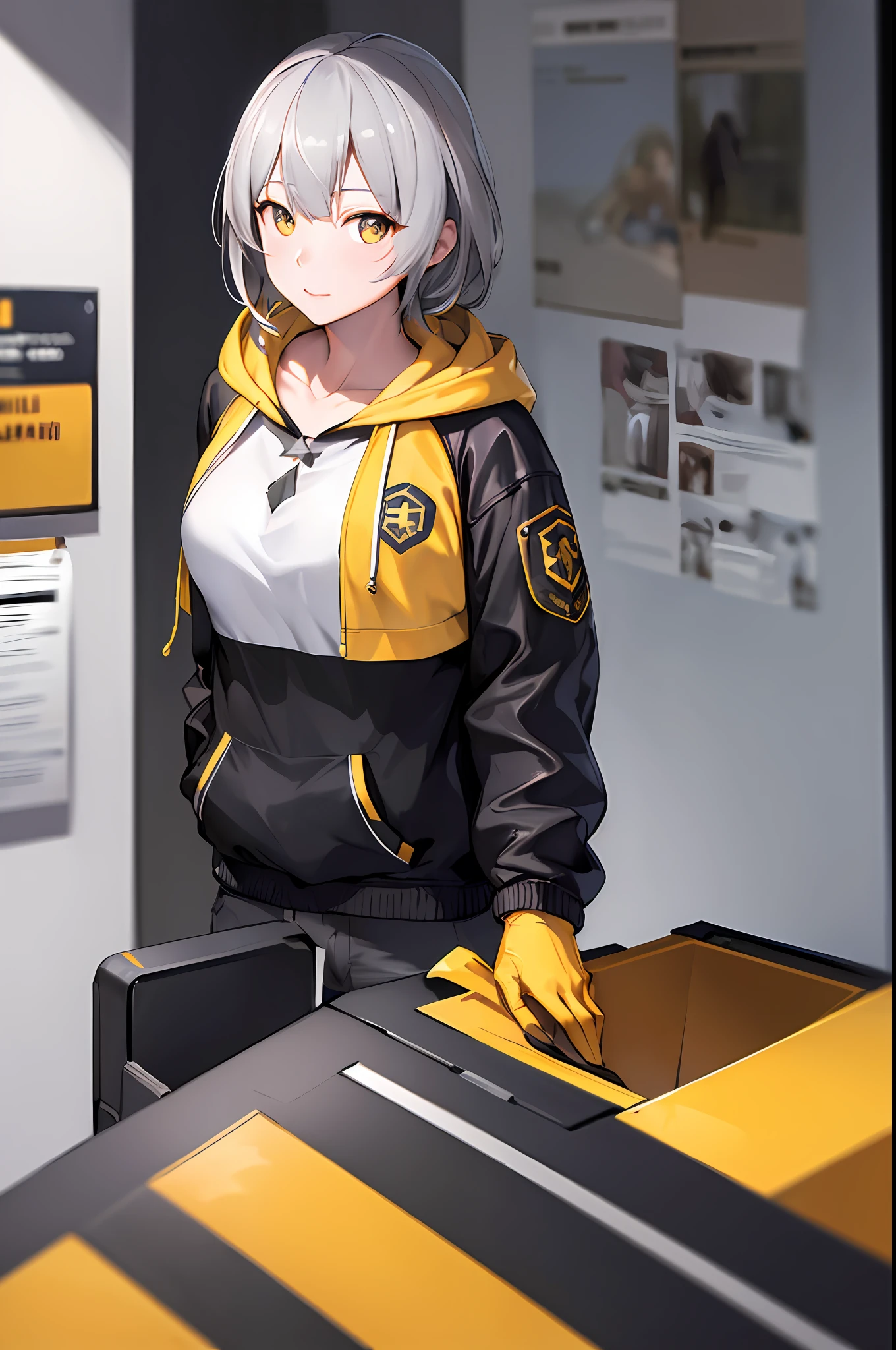 (photorealistic:1.4), (masterpiece, sidelighting, finely detailed beautiful eyes: 1.2), masterpiece*portrait, realistic, 3d face, Stelle \(honkai star rail\), 1girl, black hoodie jacket with yellow line,open jacket, white t-shirt inside hoodie, street, recycle bin, bangs, black gloves, (grey hair), yellow eyes, gloves, medium hair, looking at viewer, medium breasts