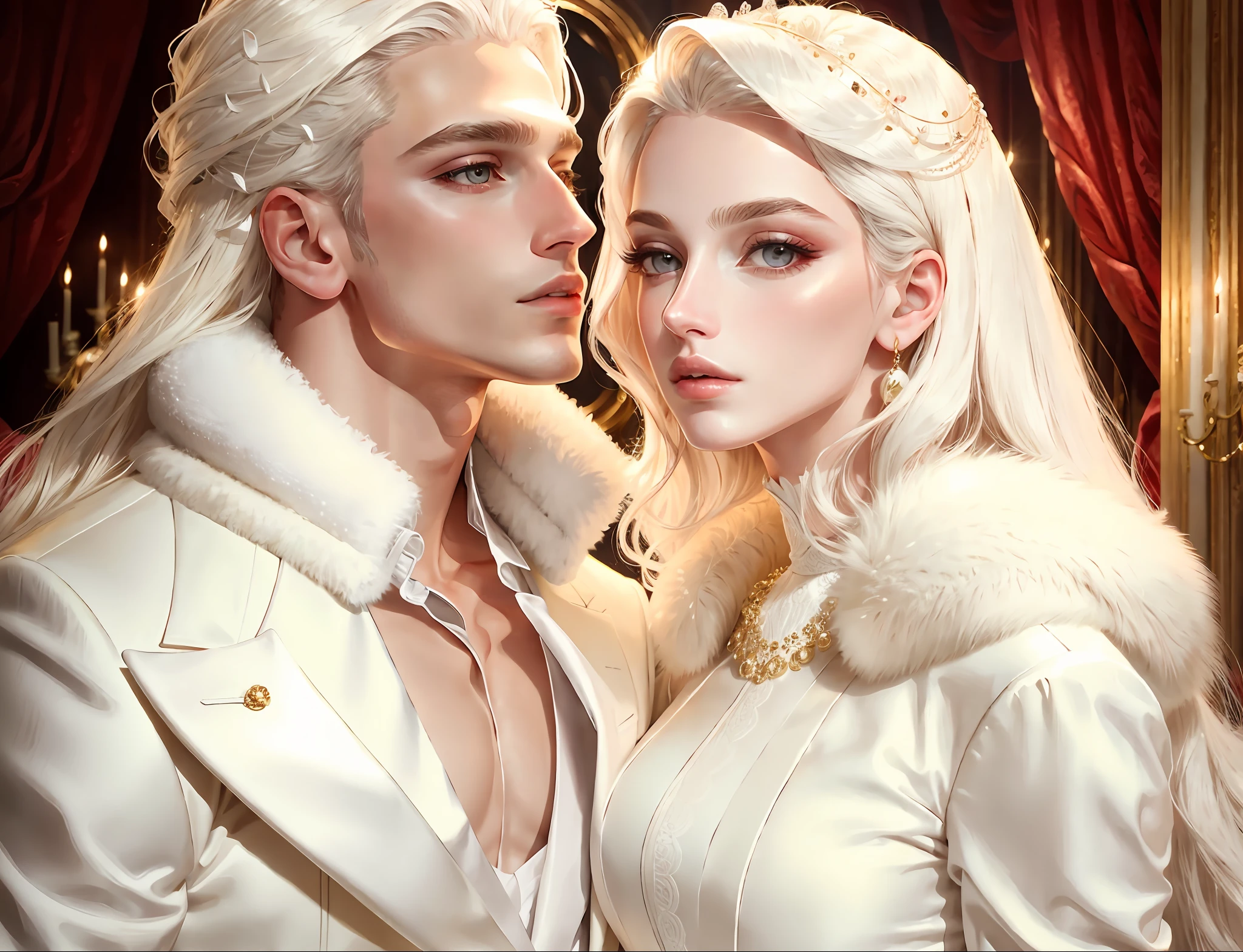 a male,female fashion shoot, masterpiece, highest quality, (perfect face:1.1), (high detail:1.1), (highly detailed eyes:1.1). romantic setting, dramatic, (pale skin), long white hair, white eyes, white eyebrows, long hair, white hair, red eyes, white luxury suit, white dress, kiss, pouty lips, fur, luxury detailed background, soft lighting, rose petals, big breasts, BalenciagaStyle