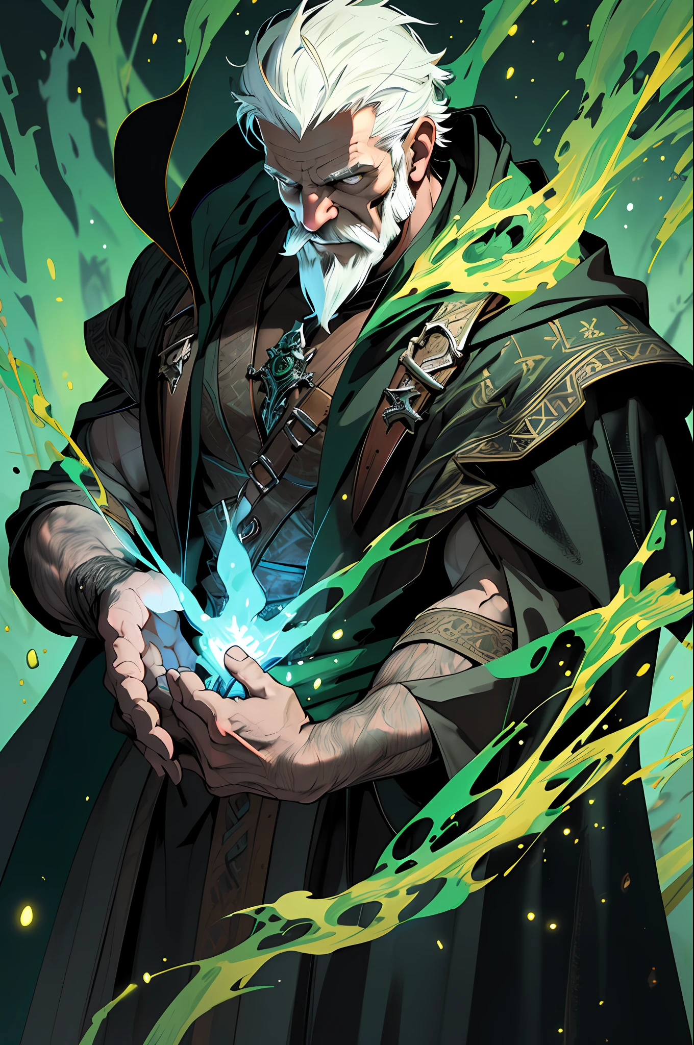 Best quality, masterpiece, ultra high res,detailed background,realistic,hadesstyle,solo,male,mature,bara,muscular,mature male,short hair,facial hair,wizard,necromancer,skull,green fire,horror \(theme\),dark fantasy,evil,cape,depth of field