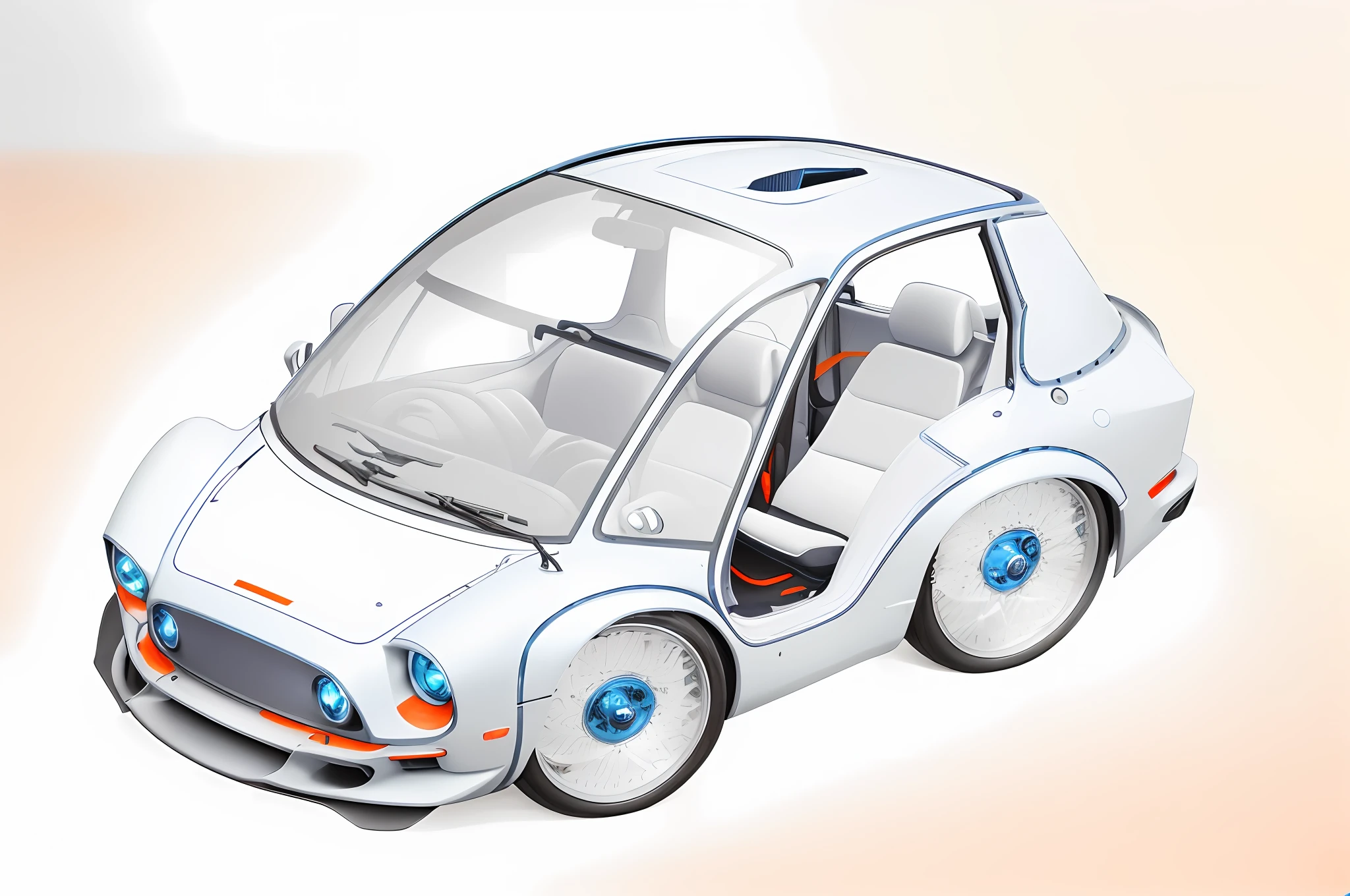 A blue-gray future car, the front windshield and the side glass are integrated, red and orange embellishments, [various blue-gray car bodies], light blue glass, red chairs, concept car,