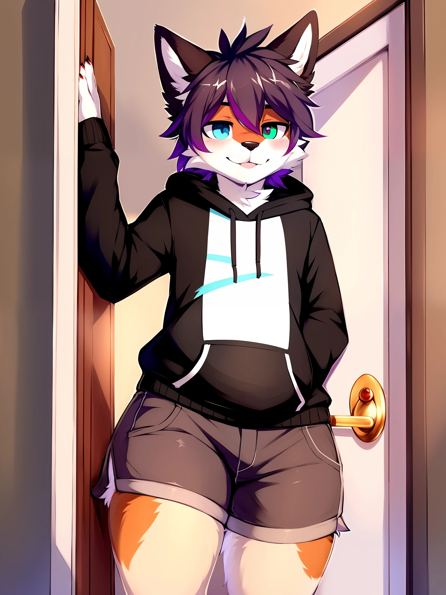 by zackary911, (coffeesoda:1.1), hioshiru, zackary911, wolf, anthro, femboy, solo, tight black hoodie clothing, fur, looking up perspective, perspective from tiny, (he is looking down at the tiny), curvy thighs, huge thighs, blep,heterochromia, purple right iris, cyan left iris, white and purple fluffy body, very short shorts, he is a giant, teasing face, buldge, standing in front of size chart, size chart, size chart 10 feet, 10 feet tall, very huge, very tall, paws on belly, bit of boobs, chubby, hanging from the door, trying to look under from small door, butt stuck, door bately fitting him, keeping the door shut, tiny door, struggling to fit through the door, tall roomate, looking blushfully, looking down at viewer