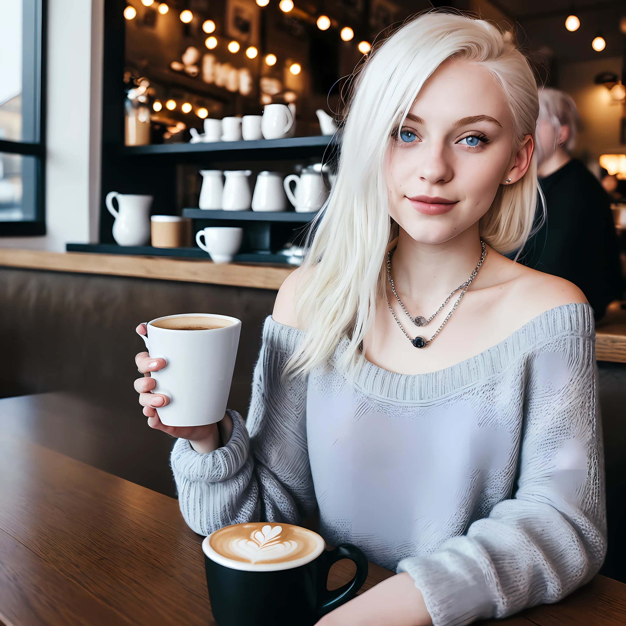 1girl, European 21 year old, platinum blonde hair, portrait photograph, beautiful woman, bright blue eyes, pale skin, pink lips, black knit sweater off one shoulder, in a coffee shop, long silver chain necklace, coffee cup, sitting in booth, 8k, photograph, posing for picture, alone, empty coffee shop, dark coffee shop, golden glow light, blue jeans, black sweater