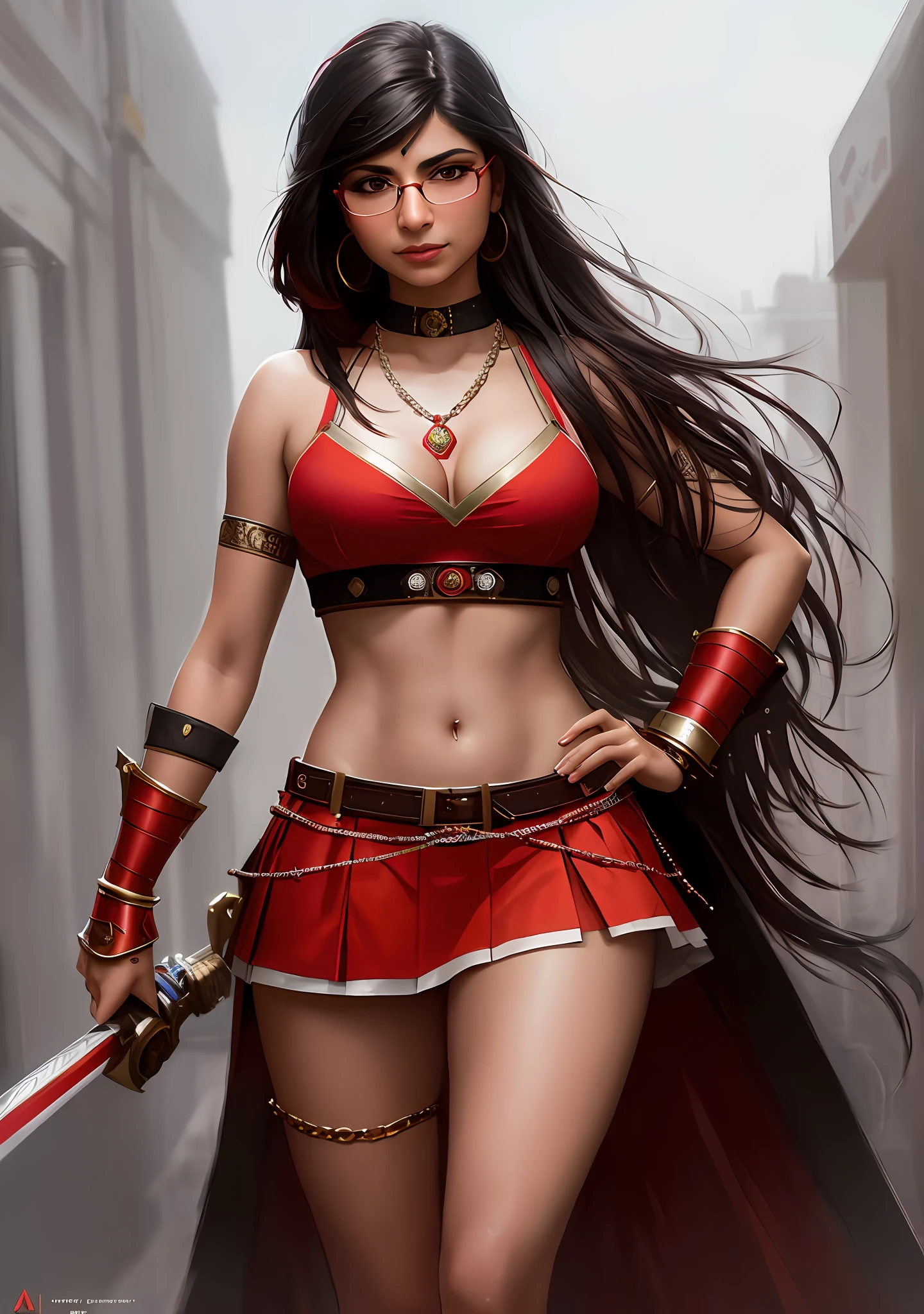 Mia Khalifa, stunningly beautiful photo realistic cute warrior in skirt , using red chains, with red arms, Atey Ghailan, by Jeremy Mann, Greg Manchess, Antonio Moro, trending on ArtStation, trending on CGSociety, Intricate, High Detail, Sharp focus, dramatic, photorealistic painting art by midjourney and greg rutkowski
