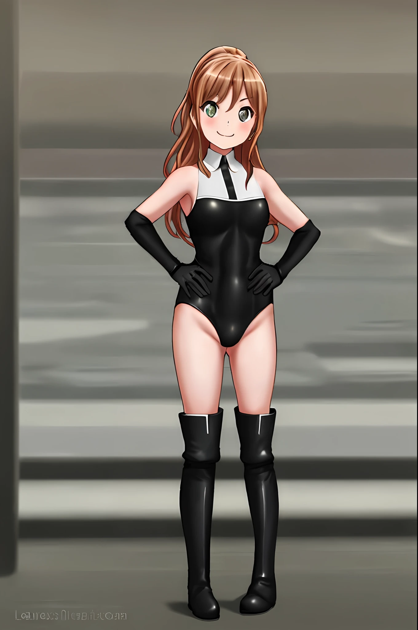 masterpiece, best quality, 1girl, lisa imai, superhero, leotard, bare legs, boots, matching boots, stand, standing, highleg, hand on hip, city backdrop, smile, looking at viewer, black leotard,