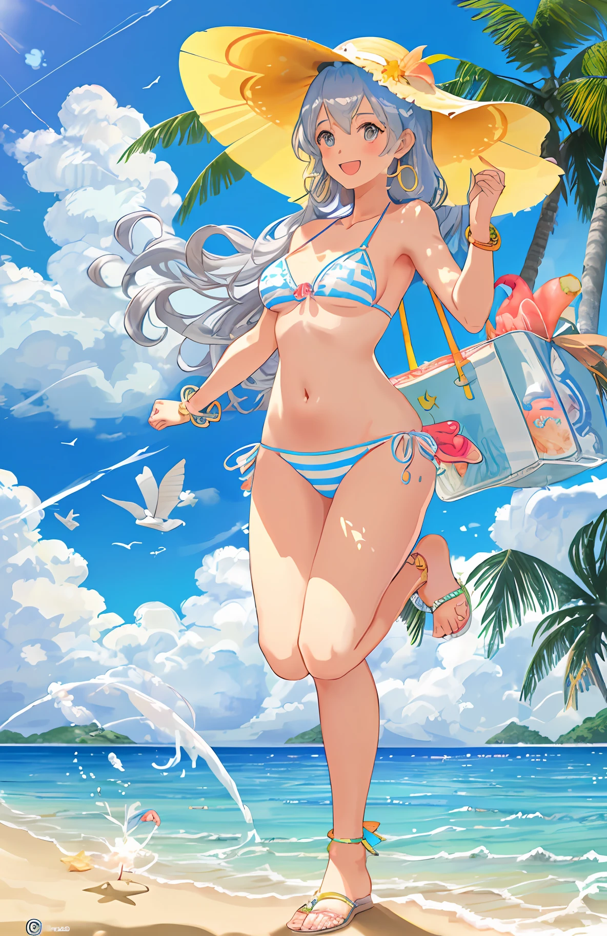 1 girl, watercolor painting, long wavy hair, blue swimsuit, white polka dots, triangle top, high-waisted bottom, pink sunglasses, golden hoop earrings, silver bracelet, beachy waves, tan skin, bright smile, C cup size, beach umbrella, palm trees in the background, tropical beach, sandy beach, ocean waves, holding a tropical drink with an umbrella, coconut, pineapple, wearing a wide-brimmed sun hat, sitting on a colorful beach towel, applying sunscreen lotion, beach ball nearby, inflatable flamingo float, standing in ankle-deep water, splashing, seashells at her feet, starfish hairpin, anklet, toe ring, having fun, laughing, confident pose, curvy figure, hourglass shape, golden sand between toes, blue sky with fluffy clouds, wearing white flip flops, beach tote bag, striped, holding a camera to take a selfie, lined-up surfboards, surfer dude in the distance, playful expression, sun-kissed glow, ocean breeze.