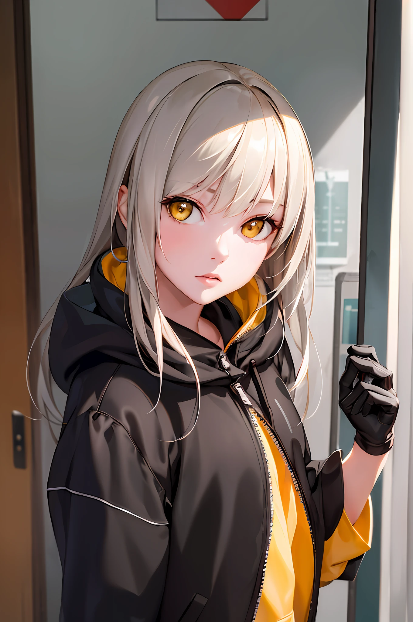 (photorealistic:1.4), (masterpiece, sidelighting, finely detailed beautiful eyes: 1.2), masterpiece*portrait, realistic, 3d face, 1girl, black hoodie jacket with yellow zipper, open jacket, white t-shirt, layered hair, street, recycle bin, bangs, black gloves, grey hair, yellow eyes, gloves, medium long hair, looking at viewer, girl with recycle bin