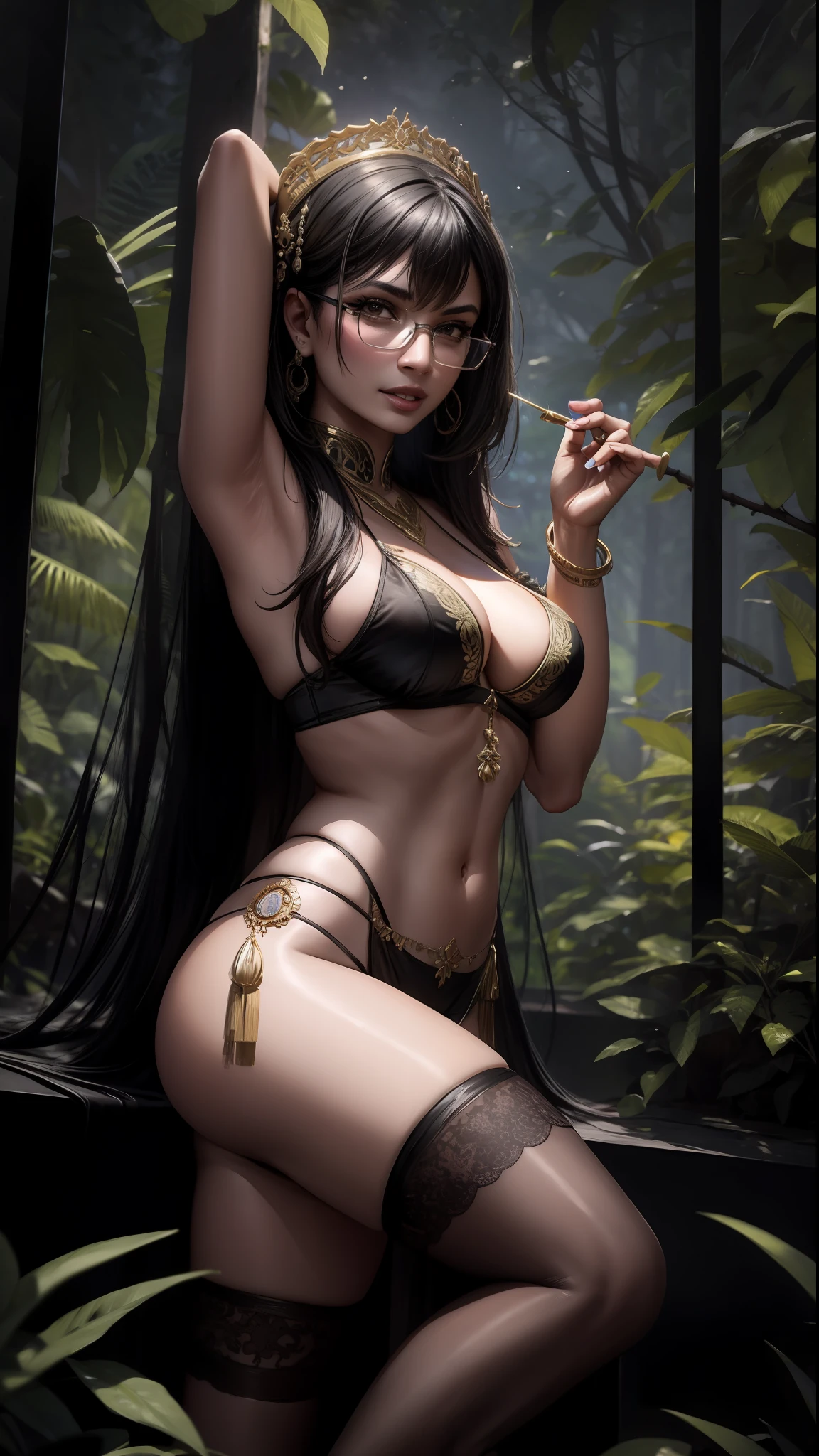 Mia Khalifa, best quality, masterpiece, high detail, semi-realistic, highest face resolution,adult,woman,woman dancing in deep forest,thailand,ancient,night,ancient lingerie,historic site,very seductive posture