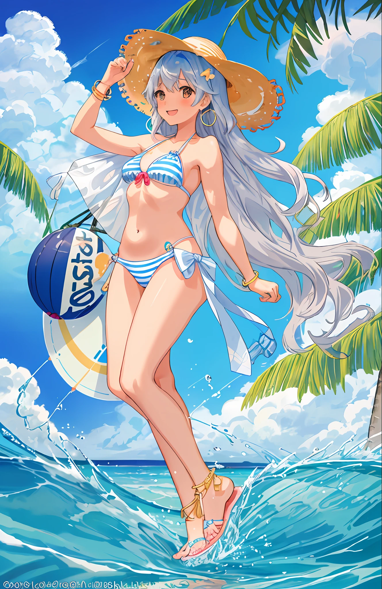 1 girl, watercolor painting, long wavy hair, blue swimsuit, white polka dots, triangle top, high-waisted bottom, pink sunglasses, golden hoop earrings, silver bracelet, beachy waves, tan skin, bright smile, C cup size, beach umbrella, palm trees in the background, tropical beach, sandy beach, ocean waves, holding a tropical drink with an umbrella, coconut, pineapple, wearing a wide-brimmed sun hat, sitting on a colorful beach towel, applying sunscreen lotion, beach ball nearby, inflatable flamingo float, standing in ankle-deep water, splashing, seashells at her feet, starfish hairpin, anklet, toe ring, having fun, laughing, confident pose, curvy figure, hourglass shape, golden sand between toes, blue sky with fluffy clouds, wearing white flip flops, beach tote bag, striped, holding a camera to take a selfie, lined-up surfboards, surfer dude in the distance, playful expression, sun-kissed glow, ocean breeze.