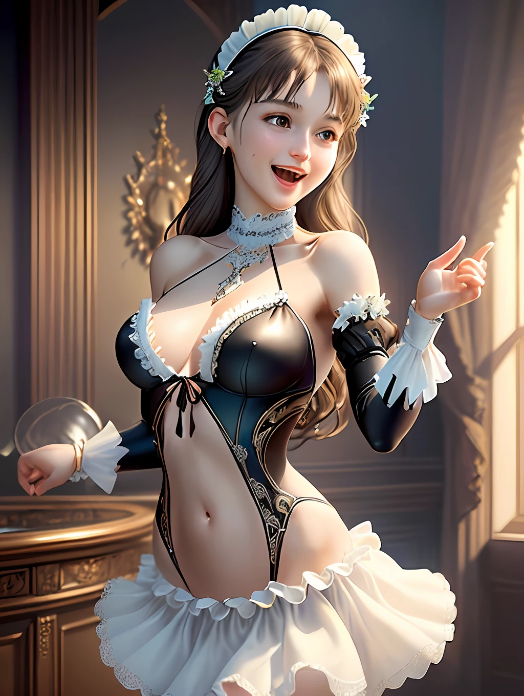 (best quality, masterpiece, intricate details: 1.3), realistic and detailed skin, 1 girl, interior, (slender body: 1.2), medium breasts (maid, swimsuit: 1.2), glass, crystals on the body, navel (neckline: 1.12); CG art, trending on artstation, (dancing: 1.3), laughing: 1.7