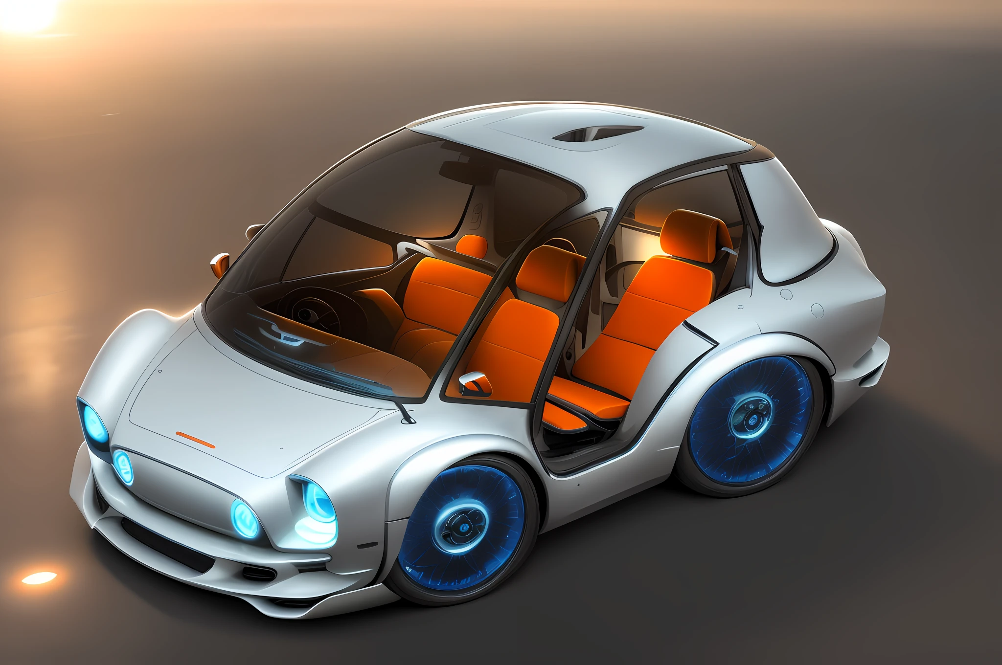 Futuristic car, front windshield merged into one side, 4 seats, orange seats, blue gray body
