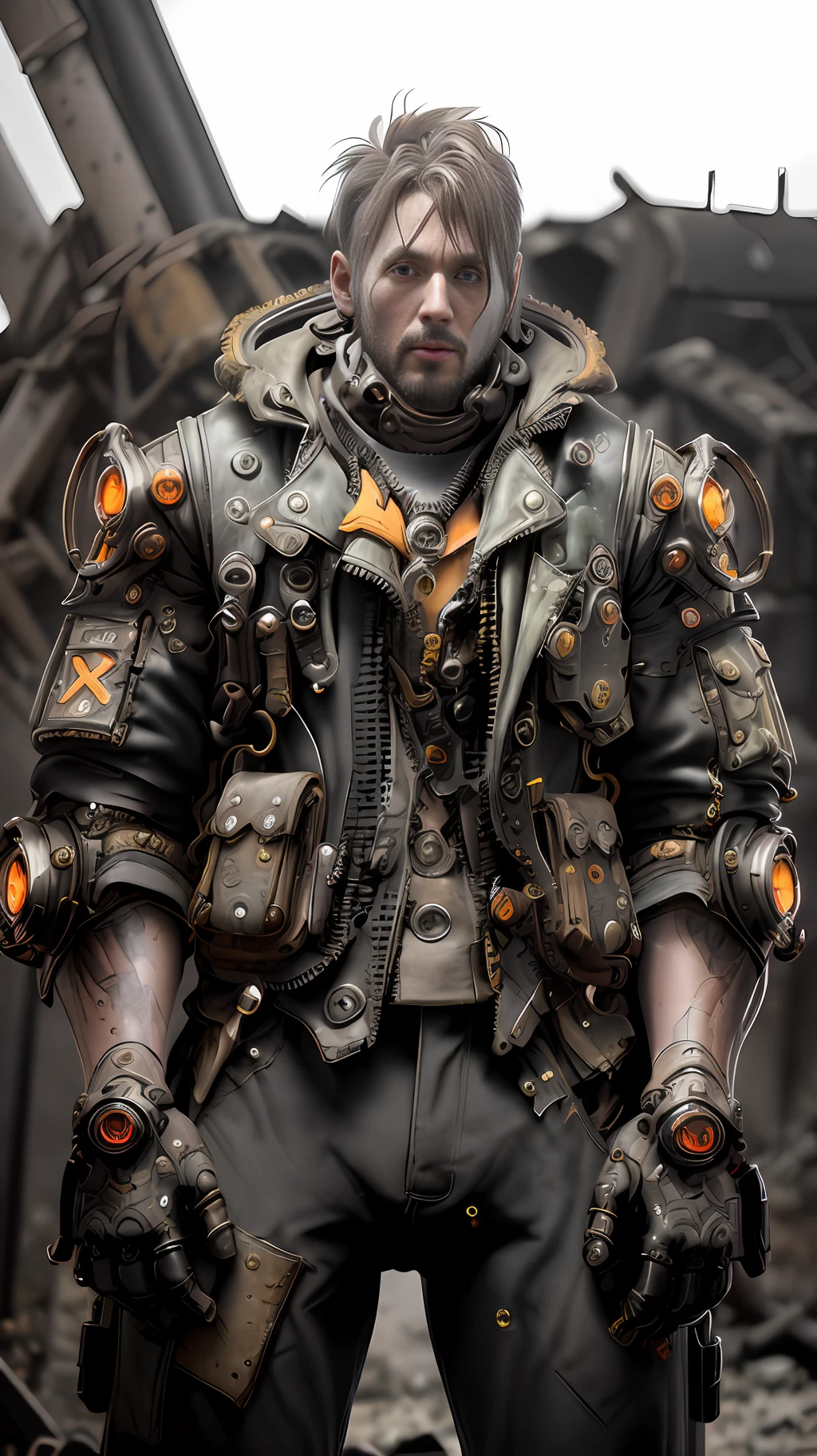 "Intense and gritty, bring to life a steampunk cyborg with intricate and detailed metal gear and joints, glowing red optics, and leather armor. Show them in a post-apocalyptic setting, standing triumphantly over a scrapyard. Use composition and shadows to create dramatic and cinematic effects.",