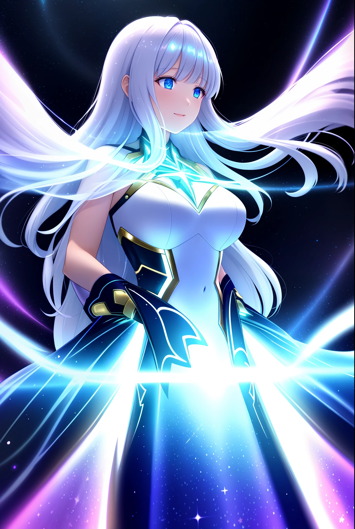 woman,long hair ,sunlight ,medium breasts, iridescent dress, glowing stars, A digital illustration, glowing stars, defraction spikes, chromatic aberration, AND (glowing, holofoil:0.6),