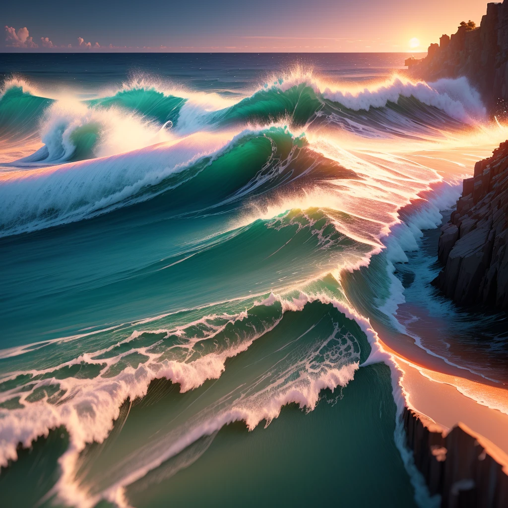 Analog style, ChromaV5,nvinkpunk,(extremely detailed CG unity 8k wallpaper), A Landscape of an endless ocean with deep blue waters, the sun setting behind the horizon casting a orange and pink glow on the water,award winning photography, Chromatic Aberration, Detailed , HDR, Bloom, impressionist style with brushstrokes depicting the movement of the water, by Monet and Turner ,trending on ArtStation, trending on CGSociety, art by midjourney
