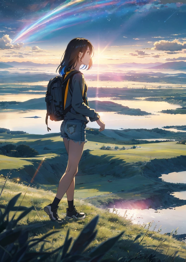 The vast sky, beautiful skyline, large grasslands, extremely tense and dramatic pictures, moving visual effects, high hanging Polaris, colorful natural glare. A girl in a long-sleeved top and denim shorts with a side backpack