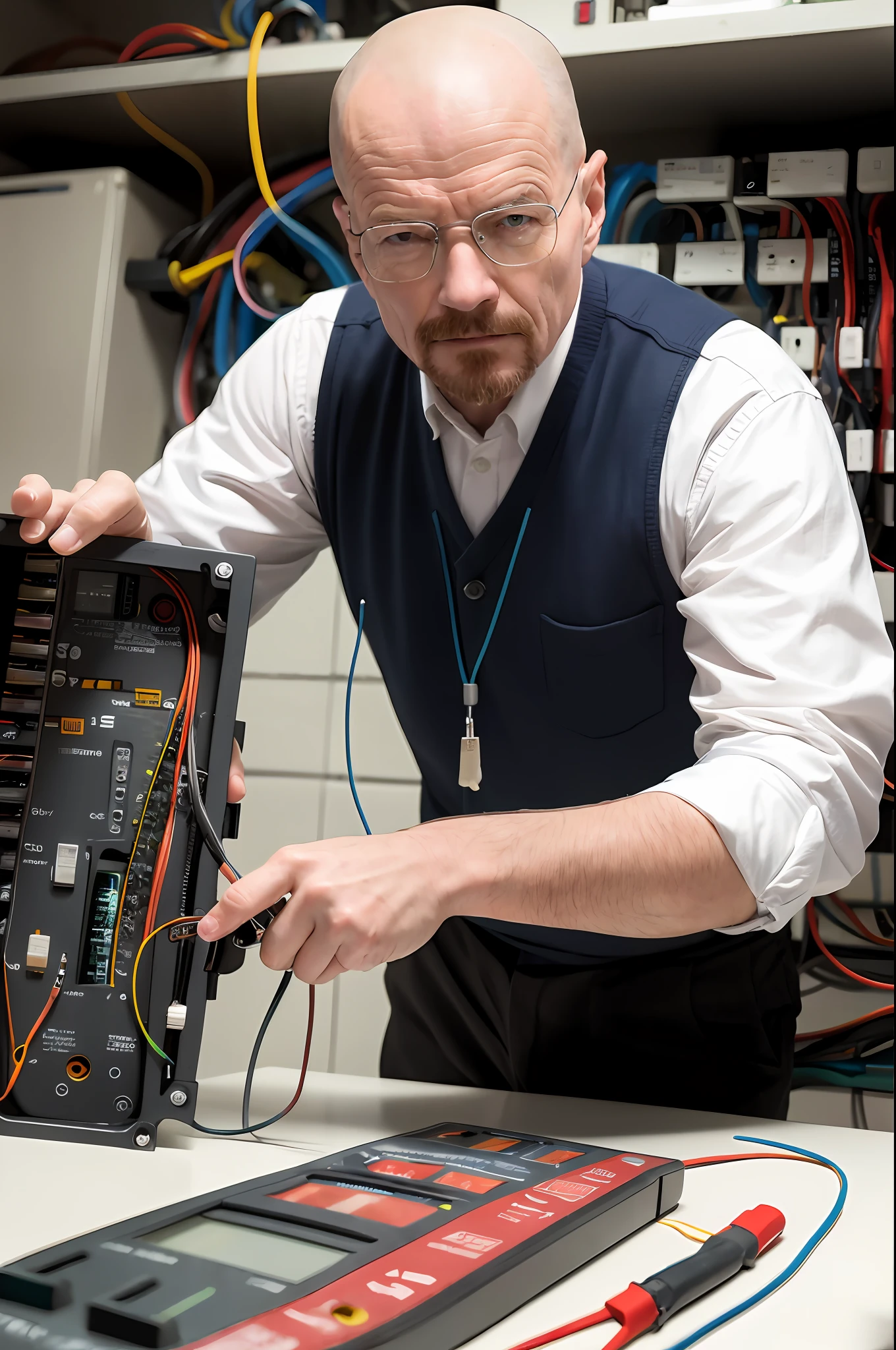 Walter White, eletrician, fuse box, multimeter, holding multimeter probes, checking the fuses with multimeter probes, close up, looking at fuse box,