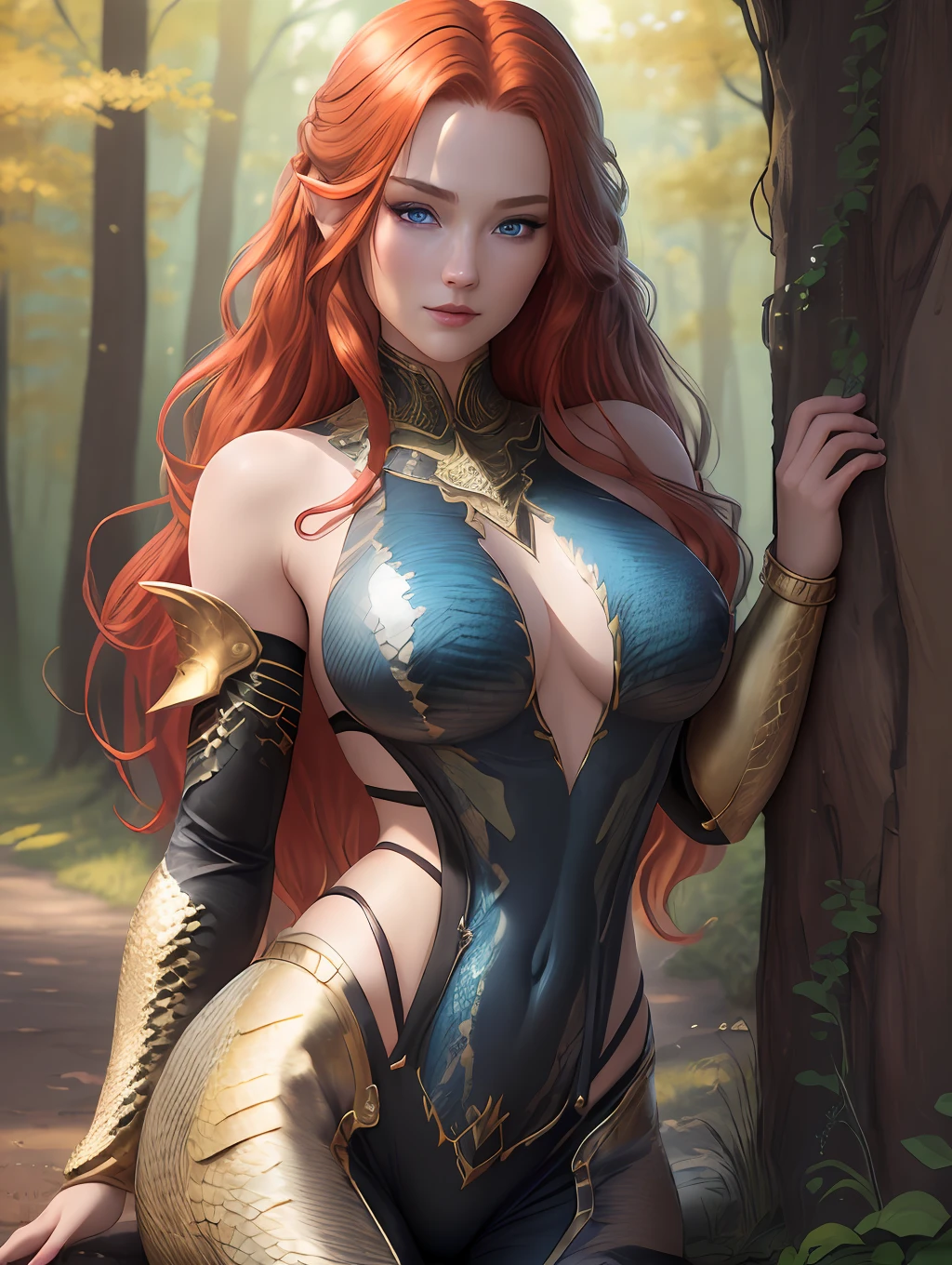 Masterpiece, best quality, maximum resolution, HD, super detailed 8K with cracks, super detailed and realistic skin. Beautiful snake-like girl, medium breasts, golden scales all over her body, wears a low-cut black top, long red hair, bright blue eyes and detailed detail, dirt road, fantasy style, RAW