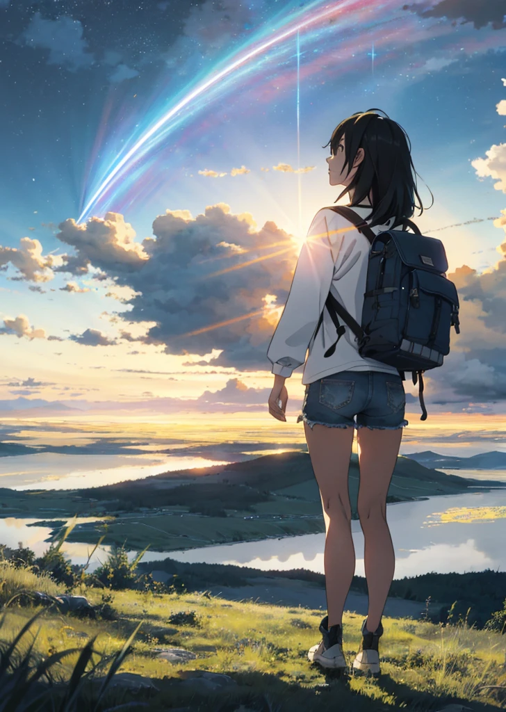 The vast sky, beautiful skyline, large grasslands, extremely tense and dramatic pictures, moving visual effects, high hanging Polaris, colorful natural glare. A girl in a long-sleeved top and denim shorts with a side backpack