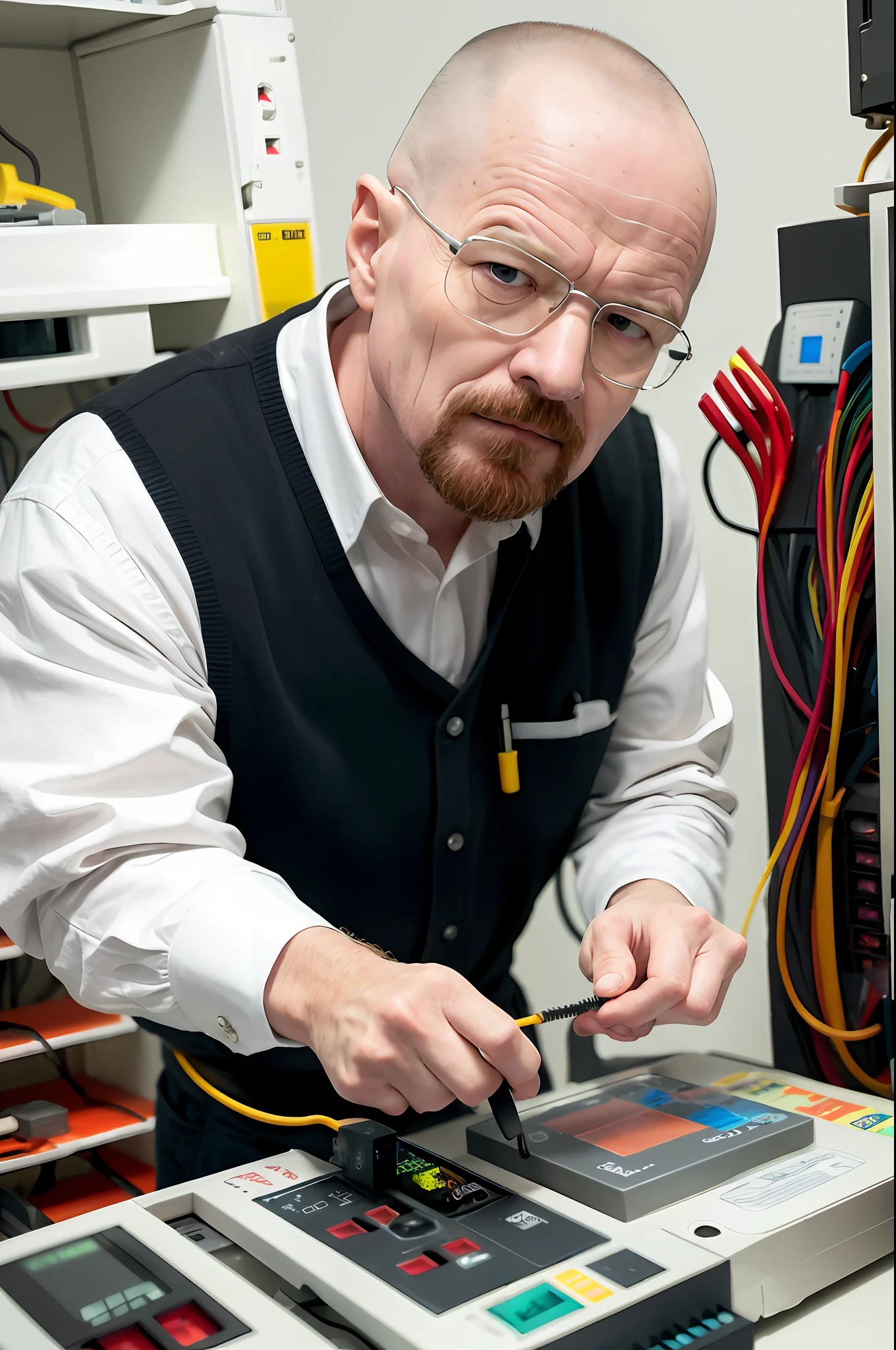 Walter White, eletrician, fuse box, multimeter, holding multimeter probes, checking the fuses with multimeter probes, close up, looking at fuse box,