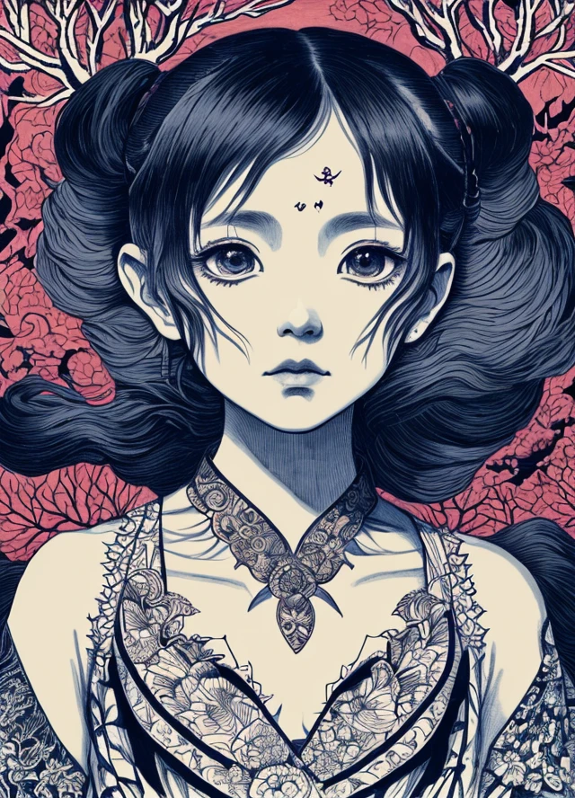 (by Yuko Higuchi:1.4),Higuchi Yuko,(by Yoh:1.2),(masterpiece,best quality,官方艺术,美丽和审美:1.2),(ultra-detailed),finely detail,best illustration,hand drawn high quality,(High contrast),(clean lines:1.3),(lineart),line drawing,(Intricate lines),ligne claire,fractal art,pen drawing,ukiyo-e style,(portrait,above the chest,extremely close-up:1.1),zombie girl,little girl,(she is surrounded by dead trees:1.1),big eyes,(wavy air,Pigtails),Corpse Bride,Wraparound composition,flat chest,mysterious night,(Intricate details),(detailed background:1.2),(colorful),High Resolution
