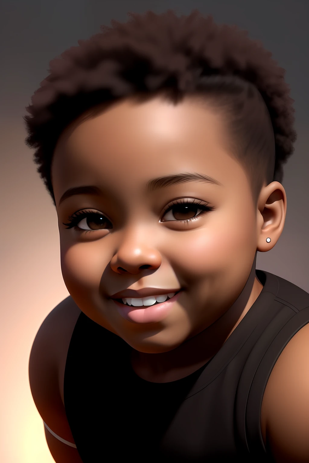 realism portrait of a 7 month old obese African American baby ((dark brown skin color)), ((chibi)), ((heavyweight style)), cute smile, ((big muscles)), wearing tank top , black pants and black shoes, current fashion, african military style hair cut, dark lighting background, close-up, product view, detailed facial details, perfect face, sharpness, trend art, sharp facial details, cgsociety, ultra digital art quality, hyper exquisite details, 4k, 8k soft lighting, --iso 100 dreamy, fashion -