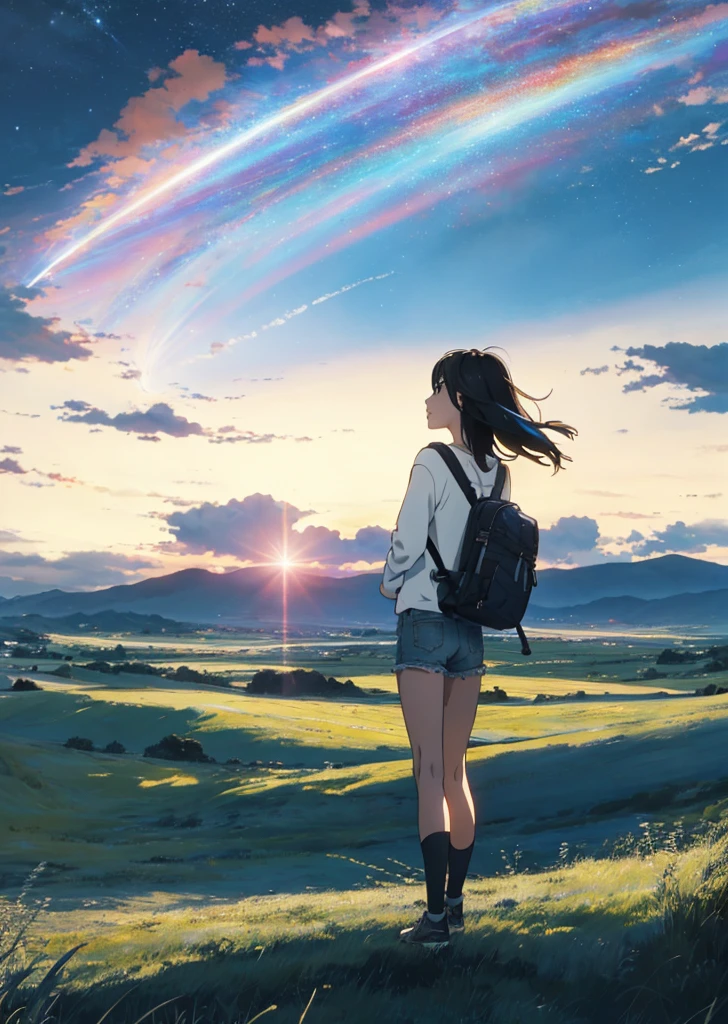 The vast sky, beautiful skyline, large grasslands, extremely tense and dramatic pictures, moving visual effects, high hanging Polaris, colorful natural glare. A girl in a long-sleeved top and denim shorts with a side backpack