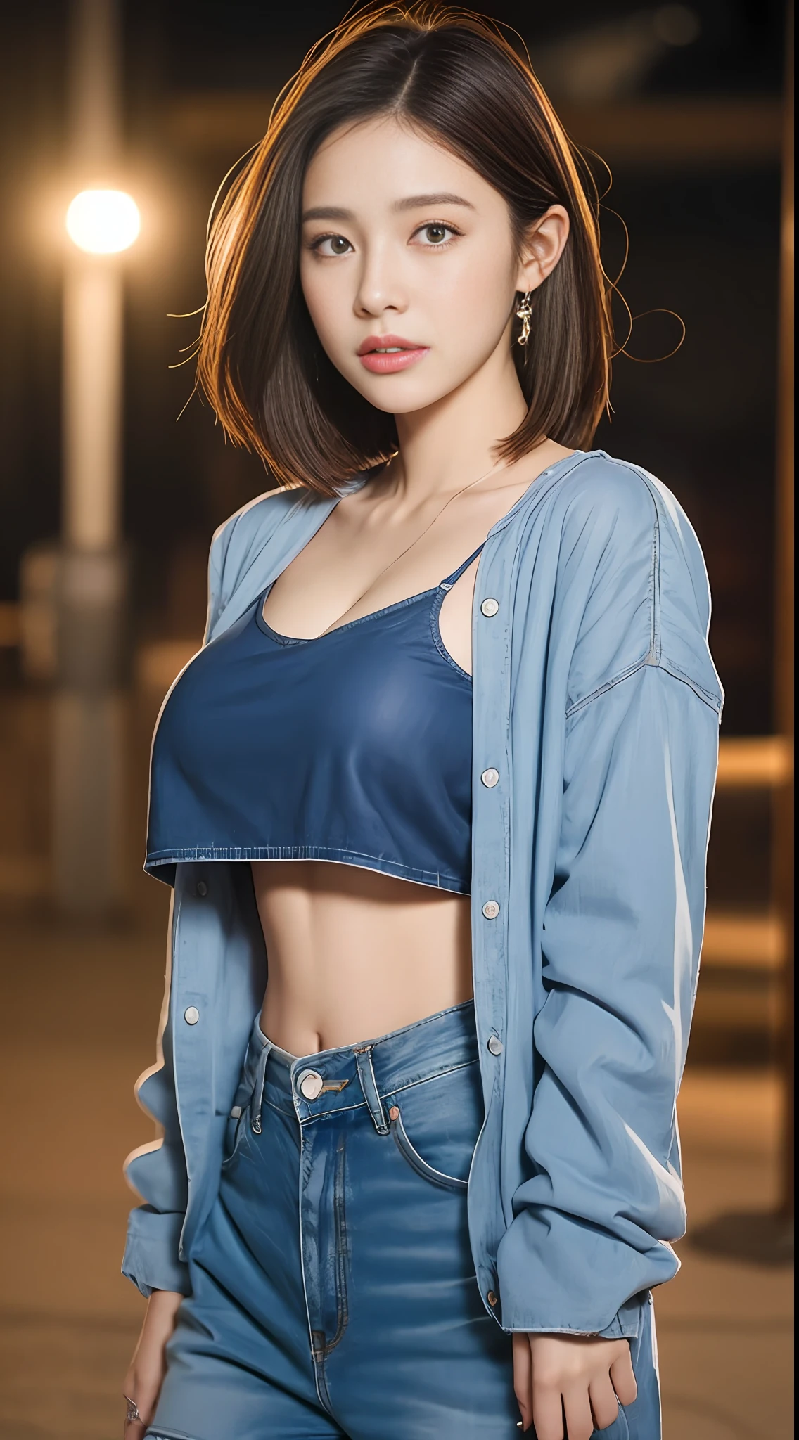 Best quality, realistic, realistic, extremely detailed, extremely delicate and beautiful, RAW photo, professional lighting, facial lighting, depth of field, single focus, full body, a 20 year old woman, (night, beach, starry sky: 1.4), brown hair, brown eyes, smaller head, ((big breasts)), fashion girl, beautiful eyes, real face, real skin, realistic face, realistic skin, detailed eyes, detailed facial features, detailed clothes features, (fashionable clothes: 1.3 ), (fashionable hairstyles: 1.3) dynamic poses, looking at viewer, detailed face and chest, (pureerosface_v1:0.33), (ulzzang-6500:0.33),