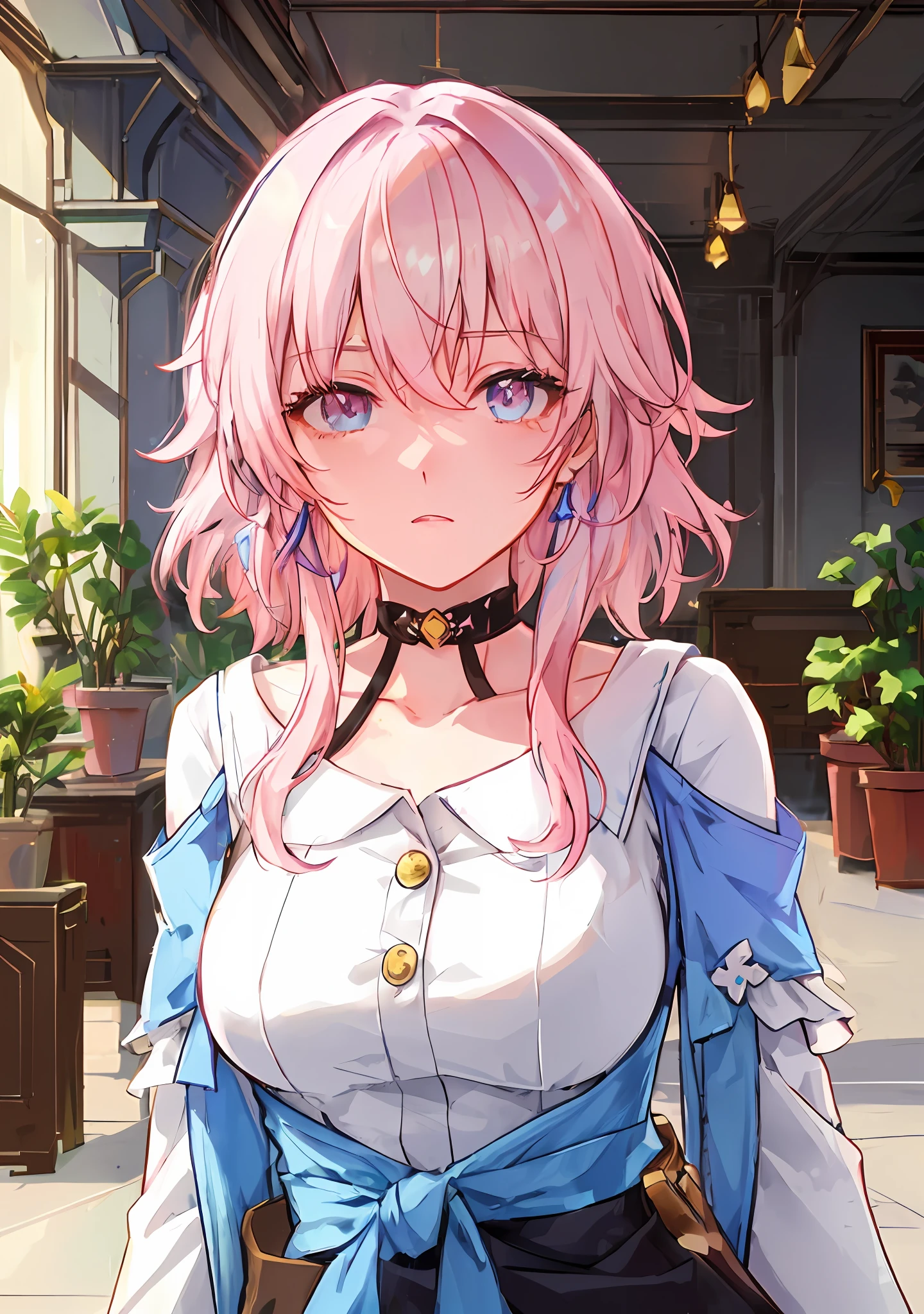 a woman with pink hair and blue eyes standing in a courtyard, anime visual of a cute girl, detailed anime character art, cushart krenz key art feminine, detailed portrait of anime girl, anime moe artstyle, detailed digital anime art, portrait knights of zodiac girl, ayaka genshin impact, cute anime waifu in a nice dress, beautiful anime portrait