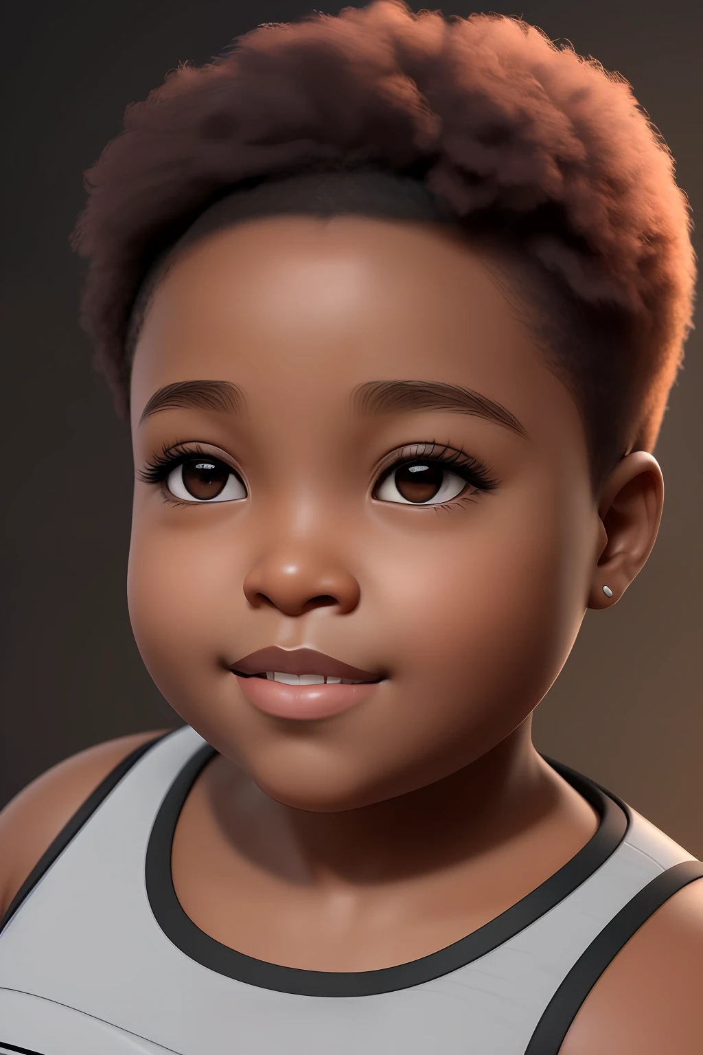 realism portrait of a 7 month old obese African American baby ((dark brown skin color)), ((chibi)), ((heavyweight style)), cute smile, ((big muscles)), wearing tank top , black pants and black shoes, current fashion, african military style hair cut, dark lighting background, close-up, product view, detailed facial details, perfect face, sharpness, trend art, sharp facial details, cgsociety, ultra digital art quality, hyper exquisite details, 4k, 8k soft lighting, --iso 100 dreamy, fashion -