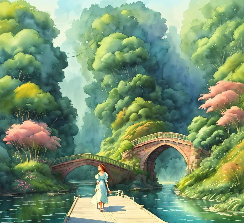 painting of a woman crossing a bridge over a river in a colorful landscape, studio ghibli painterly style, painterly illustration, dreamy illustration, watercolor digital painting, jen bartel, serene illustration, lost in a dreamy fairy landscape, watercolor illustration style, highly detailed water colour 8 k, highly detailed water colour 8k, procreate illustration, ghibli art style