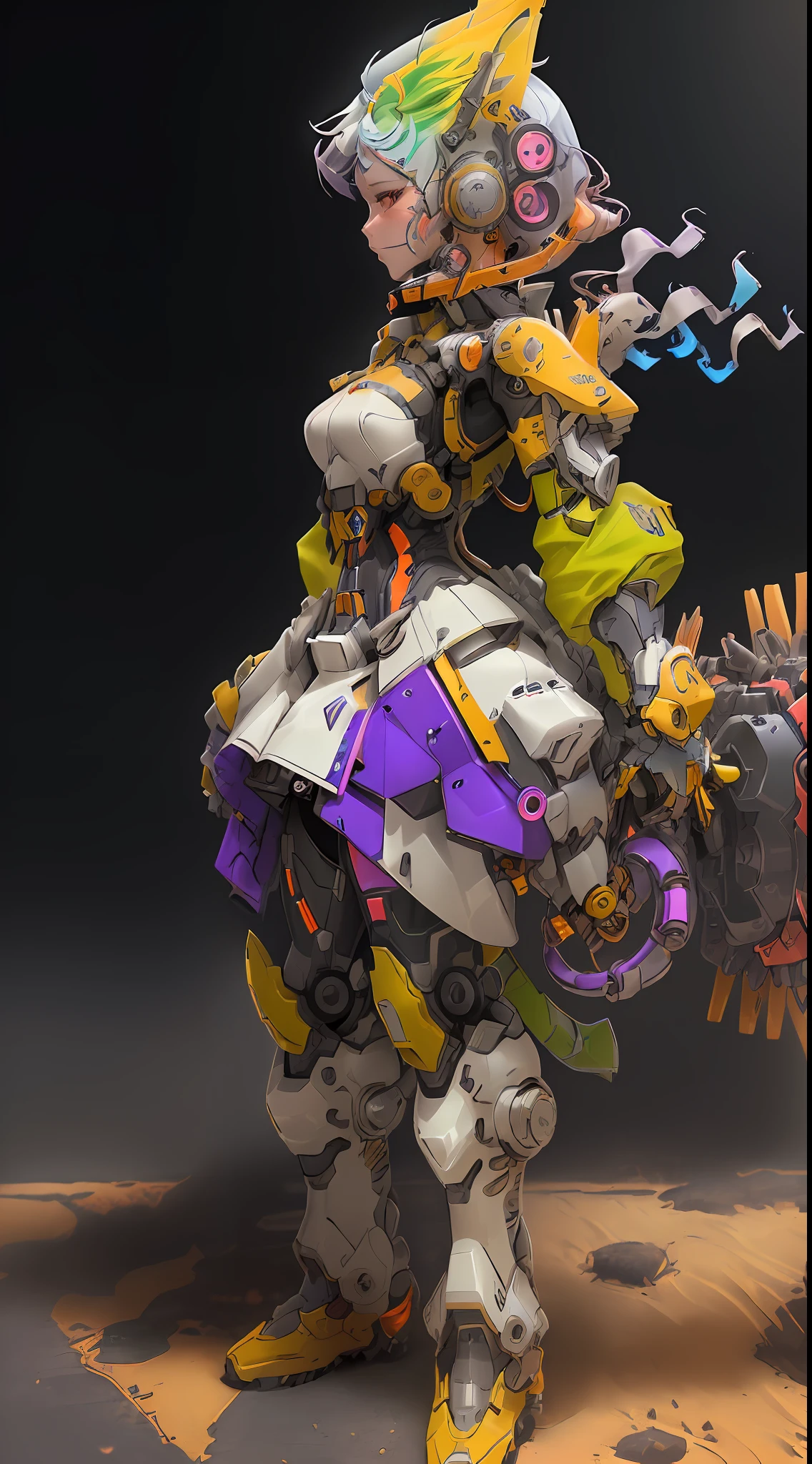 ((8k wallpaper, best quality, exquisite detailing, masterpiece)), a beautiful mechanical girl, (1girl,dynamic pose,(mecha),(multicolored hair:1.2+silver hair:1.1+neon blue hair:1.3+red hair:1.2+purple hair+yellow hair:1.3+green hair:1.3),mecha armor:1.3,mecha equipment), vibrant colors, dramatic shadows, stunning illumination.