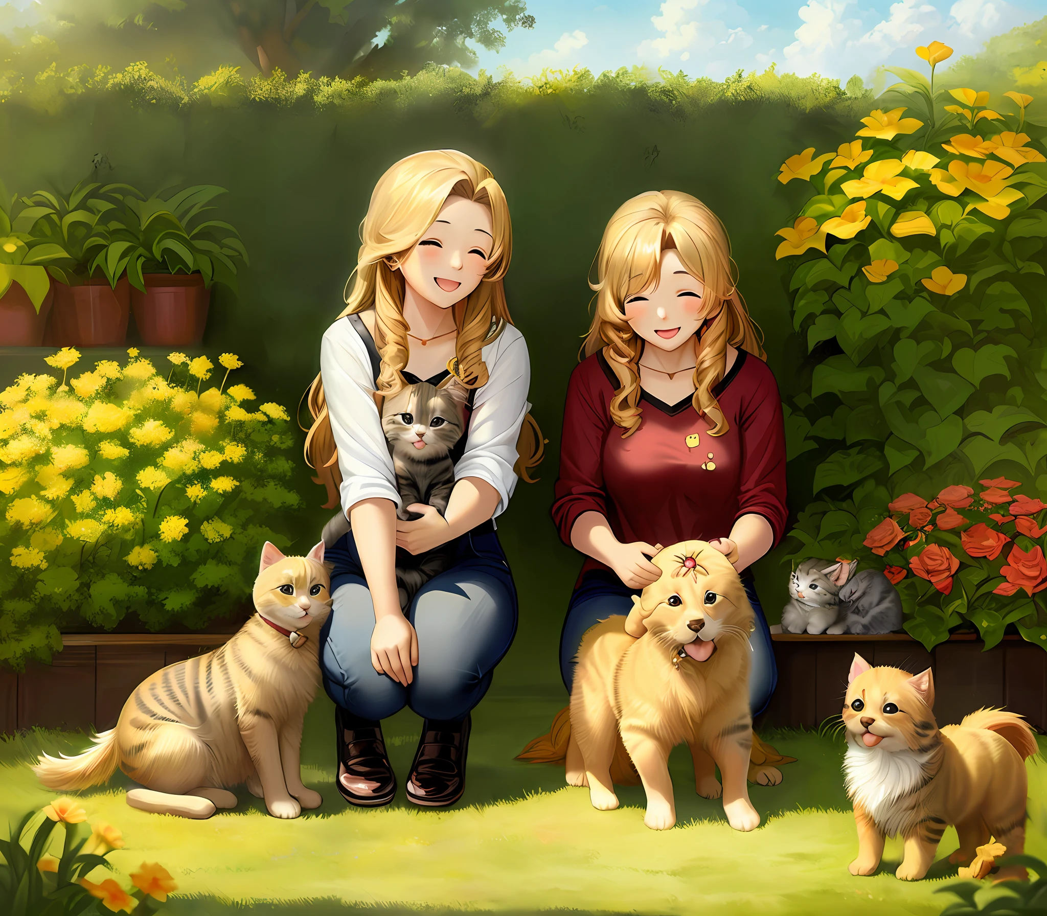 Vector art of a cute and happy golden retriever with two kittens