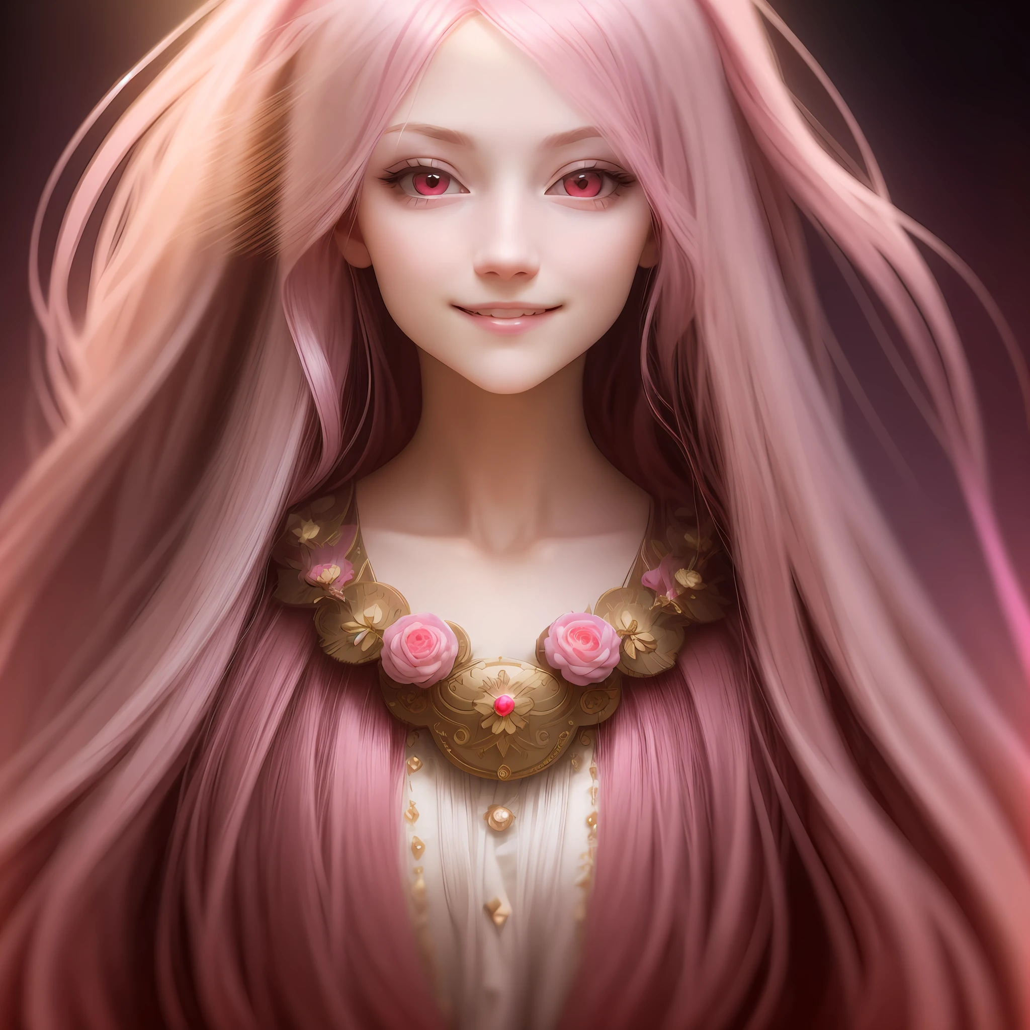 a woman, gradient hair, pink hair, very long hair, red eyes, nervous smile, rococo style, high detail, chiaroscuro, film grain, vignetting, symmetry, photomosaic, mosaic art, close-up, lens flare, Sony FE, UHD, high quality, 8k