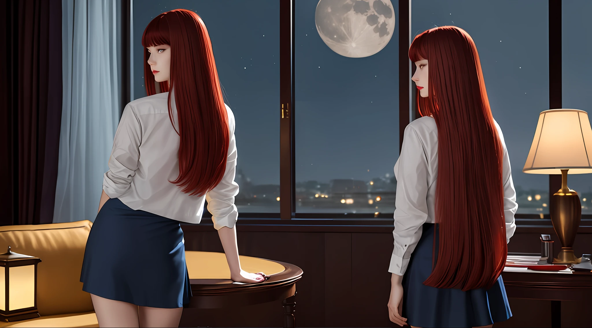 night,living room,panorama,moon outside the window,table lamp light,white shirt,red hair,happiness,yoga,long hair,(photorealistic:1.4),best quality,masterpiece,ultra high resolution,looking at the viewer, the girl is standing in the living room 1girl.lipstick,tousled hair,colored inner hair moving,$couple),.looking at the viewer,gold hour light,comic atmospheric perspective,bokeh,detailed,cinematic light,intricate details,high resolution,detailed facial features,high detail,sharp focus, smooth, aesthetic, extremely detailed, stamp, octane render, ffmasterpiece]} legs apart, skirt,