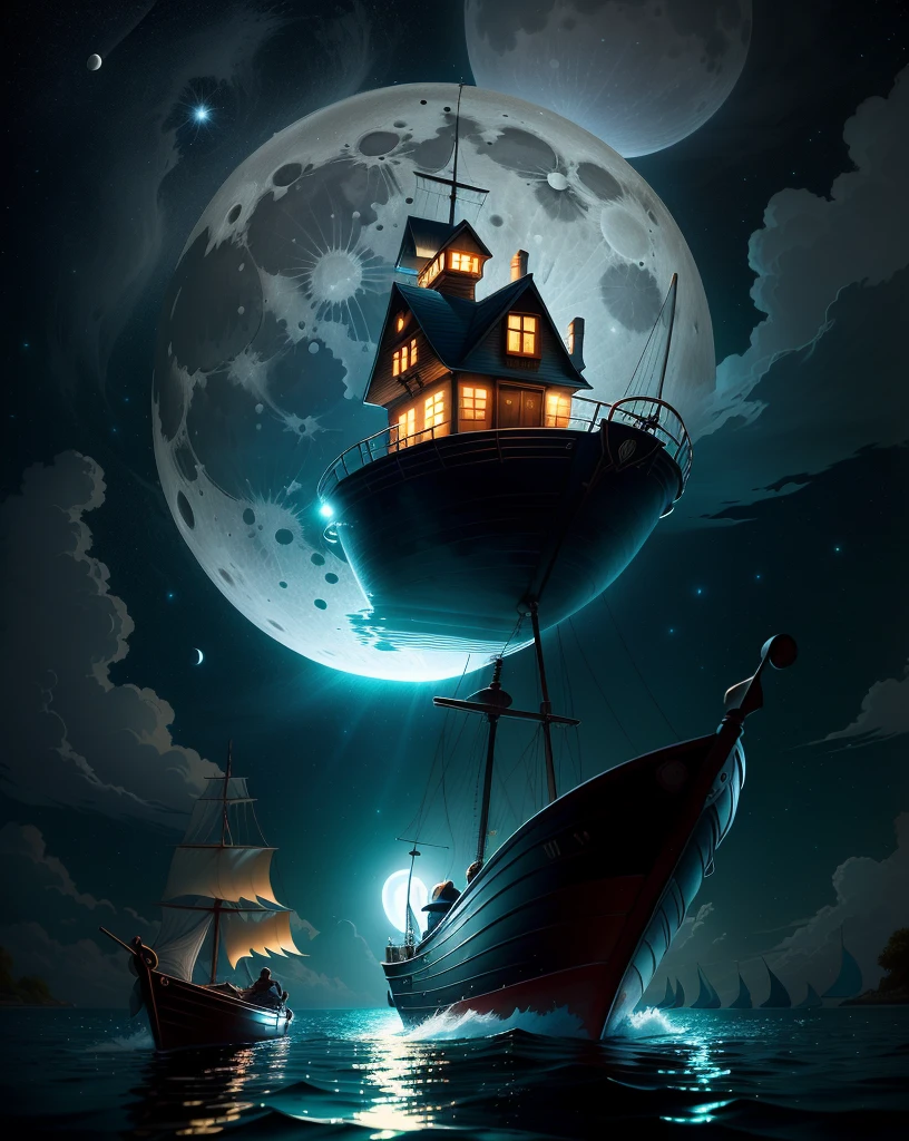 there is a man standing on a boat in the water, moon light fish eye illustrator, float under moon light at night, inspired by Cyril Rolando, moonlit night dreamy atmosphere, in style of cyril rolando, in front of a big moon, moon light, the glow of the moonlight, sitting on a moon, moon behind him, by Cyril Rolando
