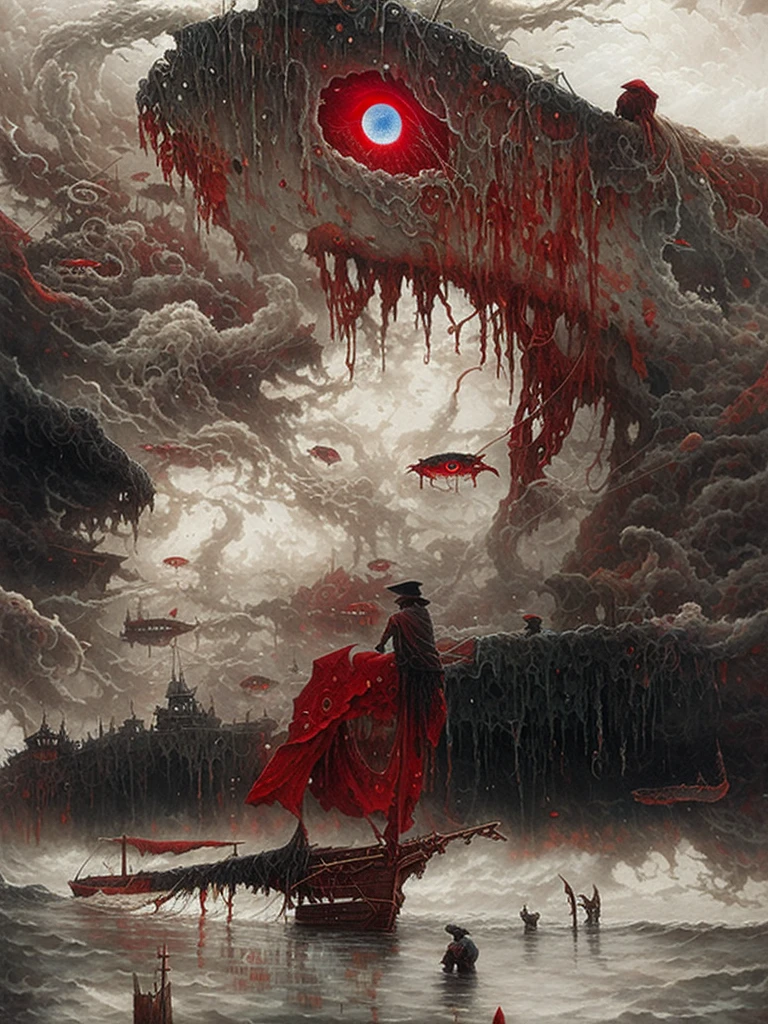 painting of red eyes and a boat in water, ominous fantasy illustration, dan mumford tom bagshaw, dark fantasy art style, beautiful artwork illustration, dark but detailed digital art, fantasy horror art, dark fantasy style art, beksiński and james jean, inspired by Aleksi Briclot, dark fantasy illustration