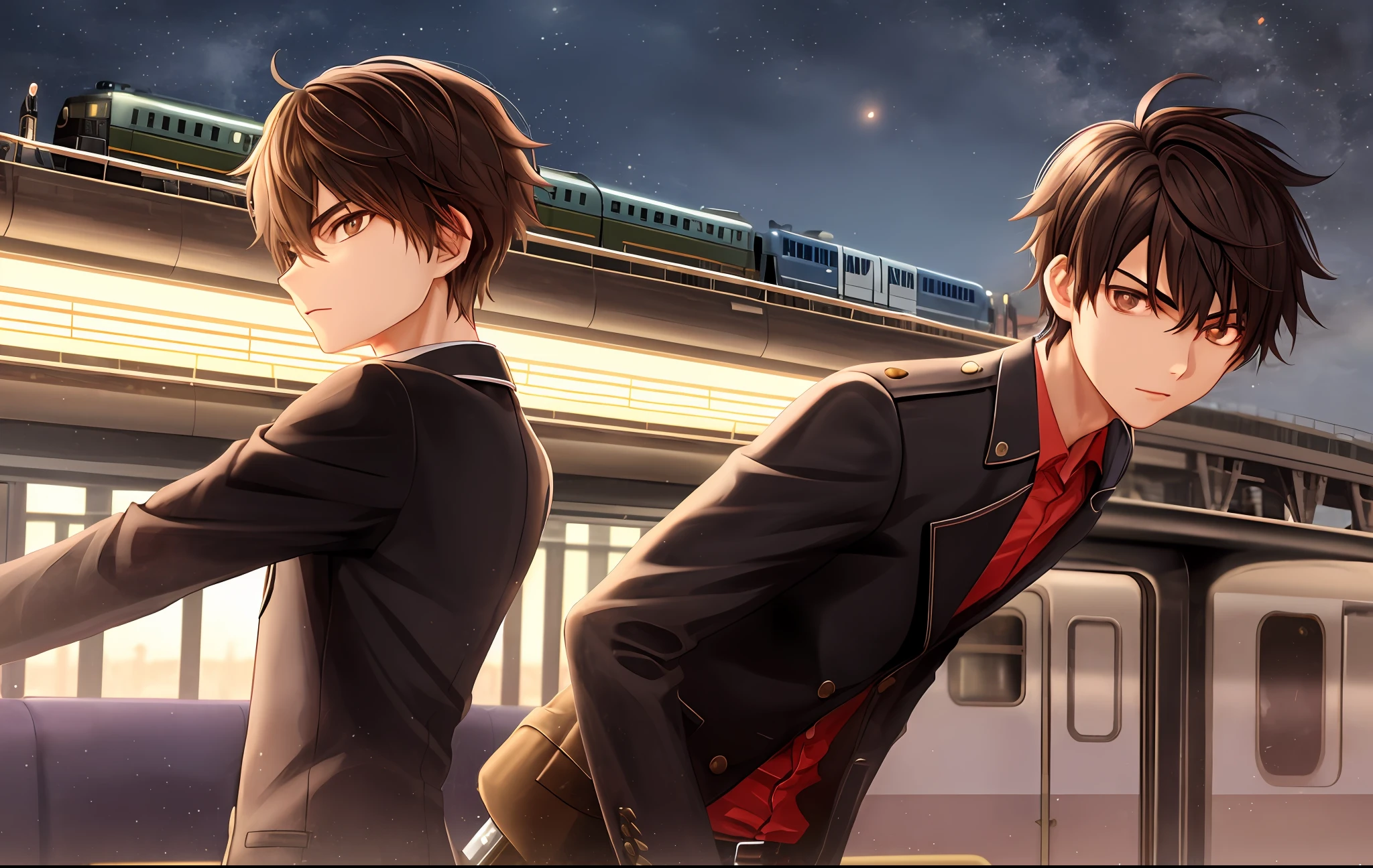 1boy, , skinny, short, detective fantastic, 1teenage skinny boy, tall, pitch dark at night, a train in the distance, brown eyes, dark brown hair, extremely detailed background, best quality, highly detailed, masterpiece