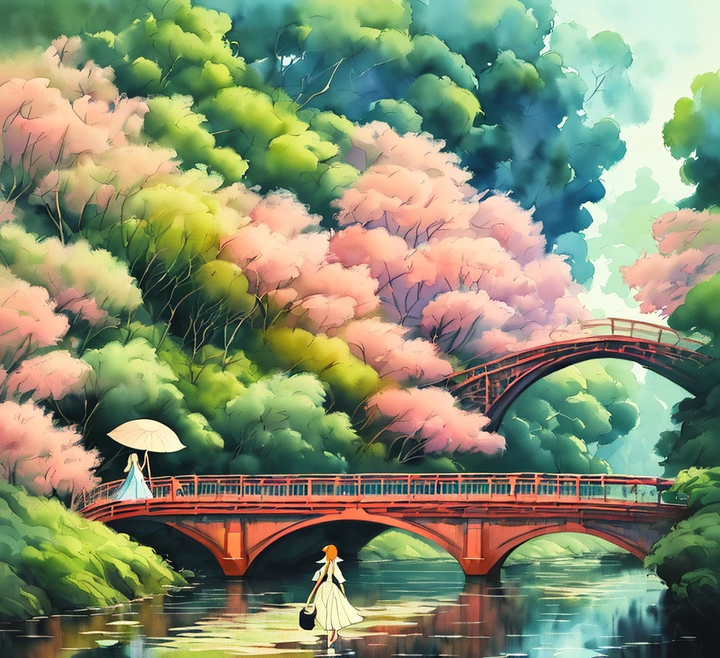 painting of a woman crossing a bridge over a river in a colorful landscape, a digital painting inspired by Tosa Mitsuoki, pixiv contest winner, conceptual art, studio ghibli painterly style, painterly illustration, dreamy illustration, watercolor digital painting, jen bartel, serene illustration, lost in a dreamy fairy landscape, watercolor illustration style