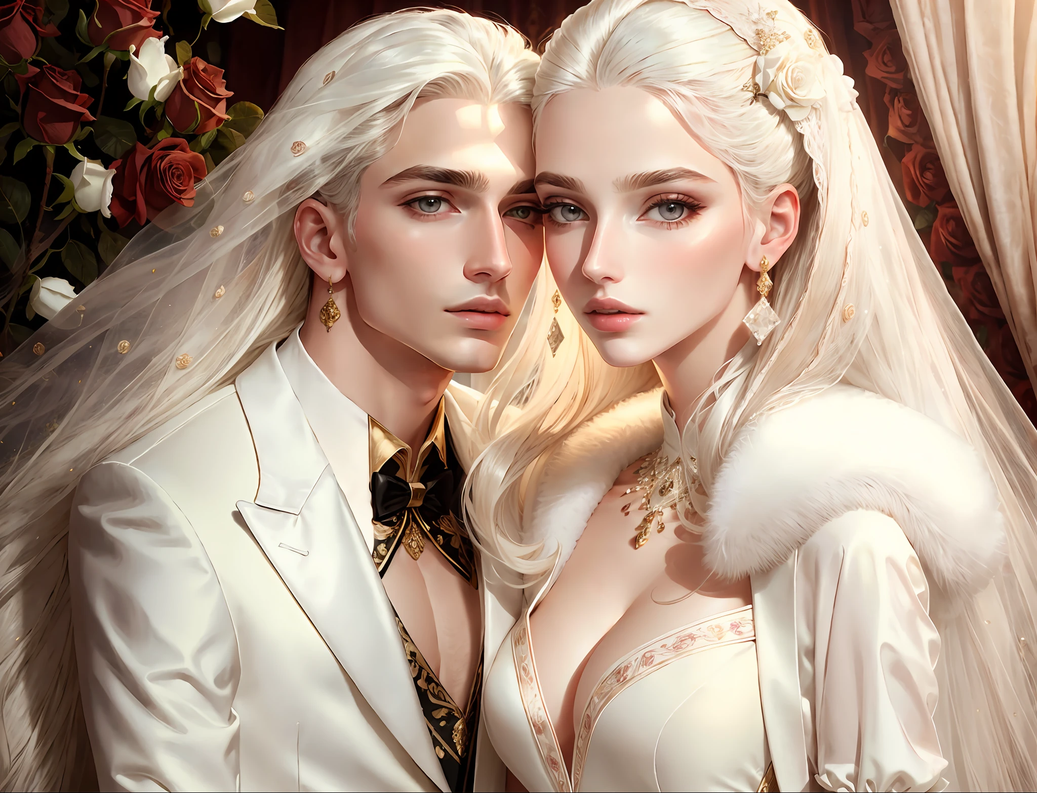 a male,female fashion shoot, masterpiece, highest quality, (perfect face:1.1), (high detail:1.1), (highly detailed eyes:1.1). romantic setting, dramatic, (pale skin), long white hair, white eyes, white eyebrows, long hair, white hair, red eyes, white luxury suit, white dress, kiss, pouty lips, fur, luxury detailed background, soft lighting, rose petals, big breasts, BalenciagaStyle
