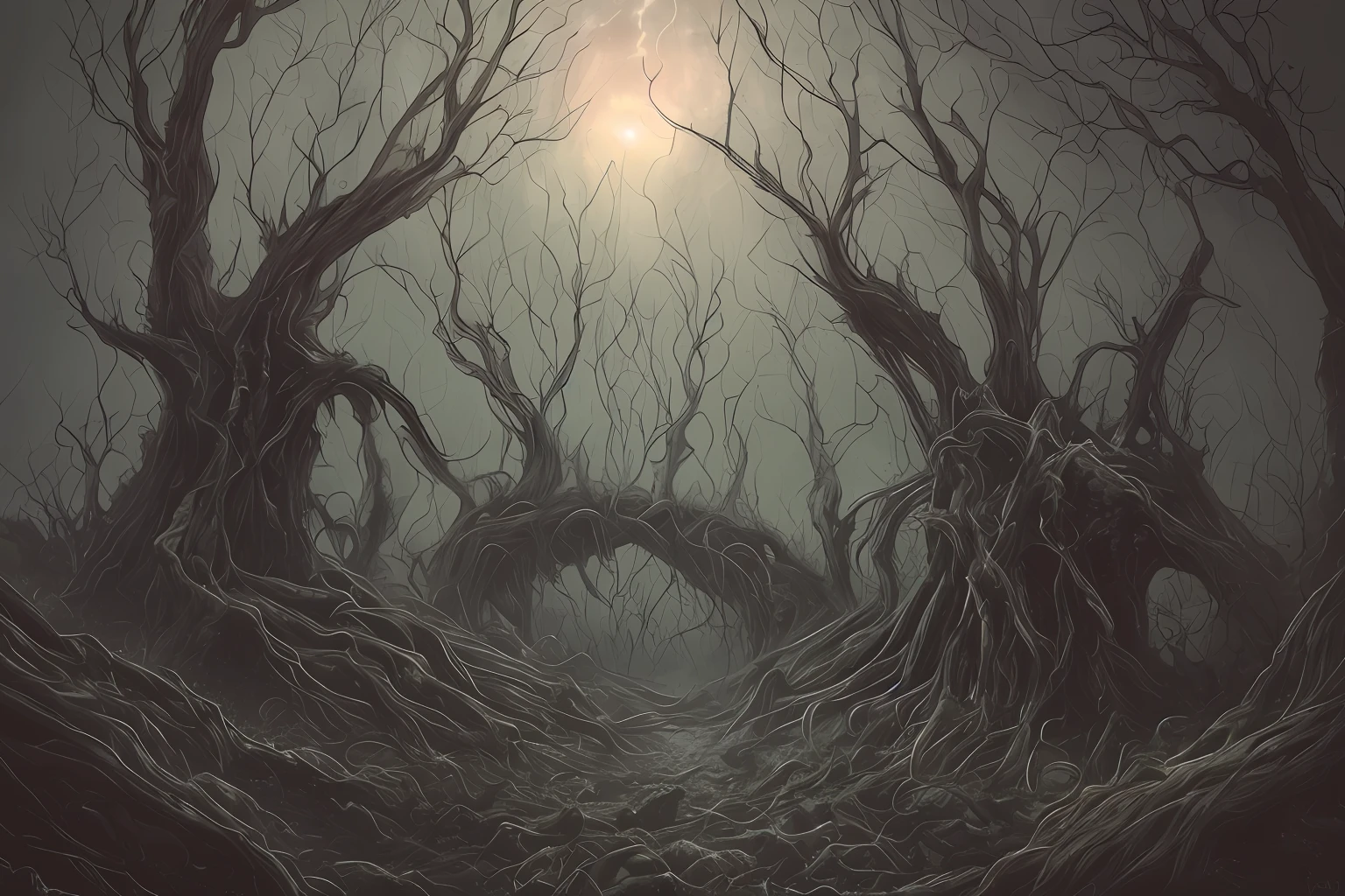 biomechanical dark valley with rotten dead trees and biomechanical mutant trees, rotten ground, cosmic hurricane, hybrid tornado with souls and a spiked horror abyss on the right. Horror art. ultra HD, realistic, Digital drawing, hyperdetailed