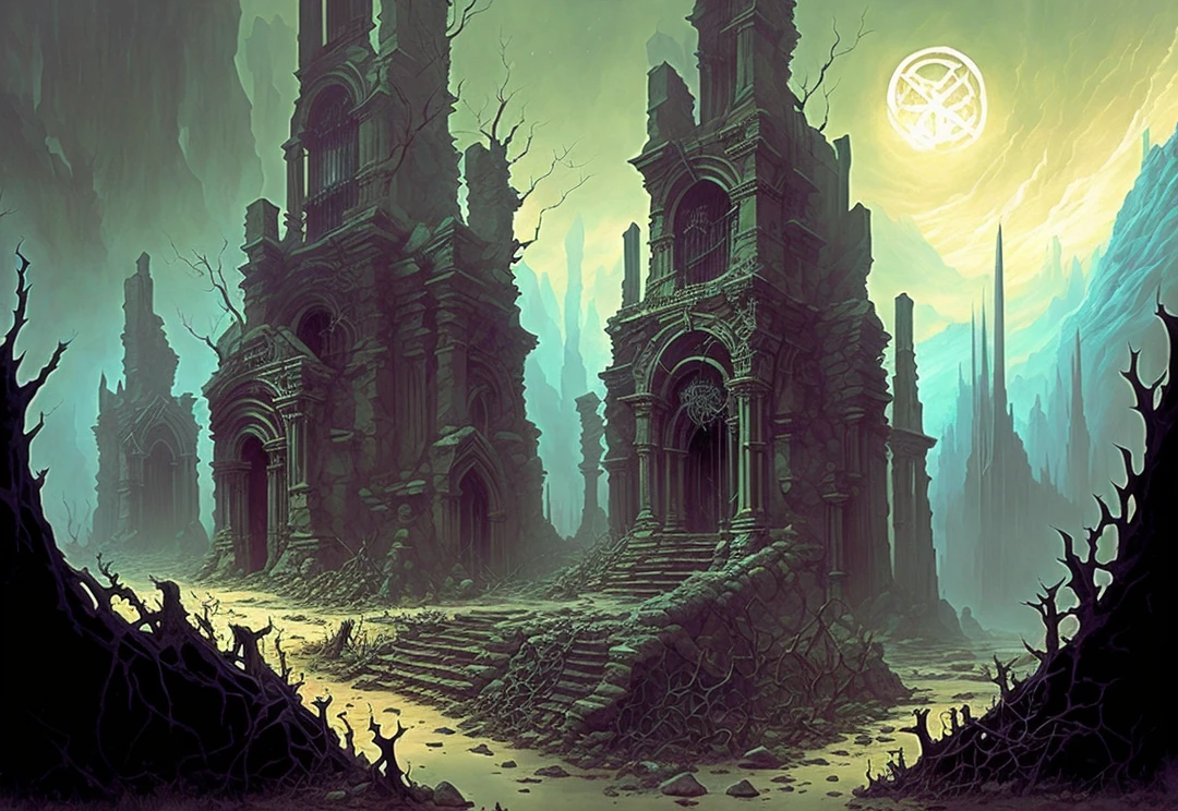 vast angle of underground dark valley, biomechanical buildings, ruins and thorns and obscure walls. Satanic temple, pentagram on the ground and polluted river. Horror art, hyperdetailed painting, color drawing. Art by Dan Seagrave