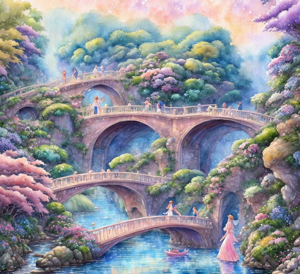 painting of a woman crossing a bridge over a river in a colorful landscape, studio ghibli painterly style, painterly illustration, dreamy illustration, watercolor digital painting, jen bartel, serene illustration, lost in a dreamy fairy landscape, watercolor illustration style, highly detailed water colour 8 k, highly detailed water colour 8k, procreate illustration, ghibli art style