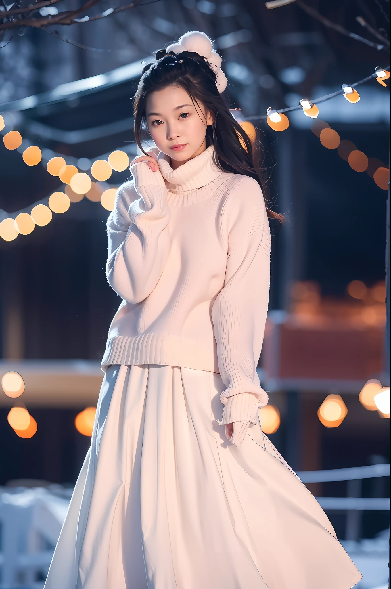 Light blush, smile, upper body, (winter clothes, snow, city, skirt, flowing hair,,) looking at the audience, beauty, best quality, super high resolution, (fidelity: 1.4), hiqcgbody, masterpiece, (realism: 1.4), best quality, beautiful lighting, detailed, complex, RAW photo, 8k uhd, film grain,