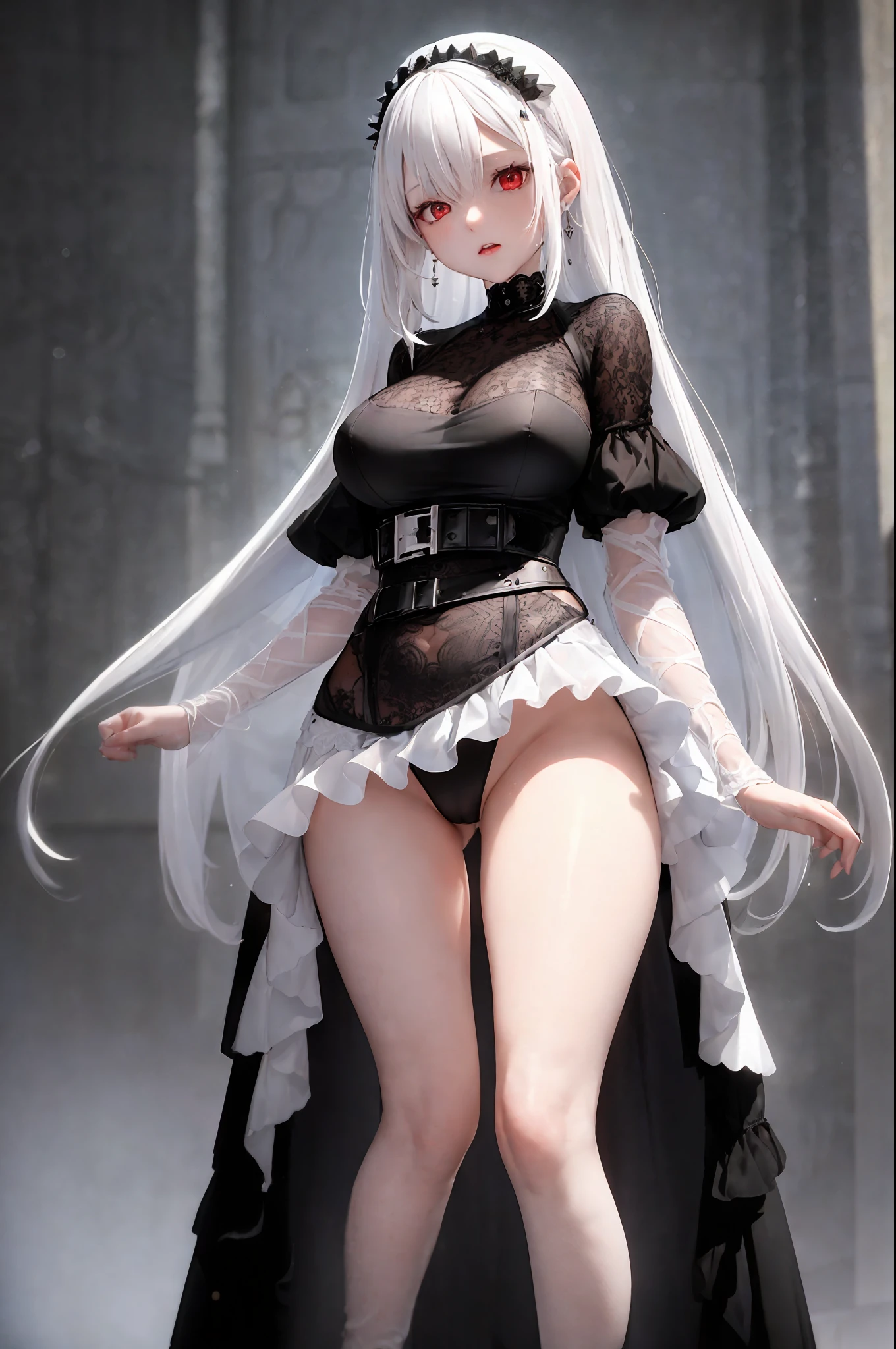 (8k, Best Quality, Masterpiece: 1.2), 2 Females, Mature, (1st Person: White Hair, Black Bare Dress, Thighs), (2nd Person: Black Hair, White Bare Dress, Garterbelt), Cute, Wet, Photon mapping, physics-based rendering, (intricate details, tight clothes, red eyes) staring