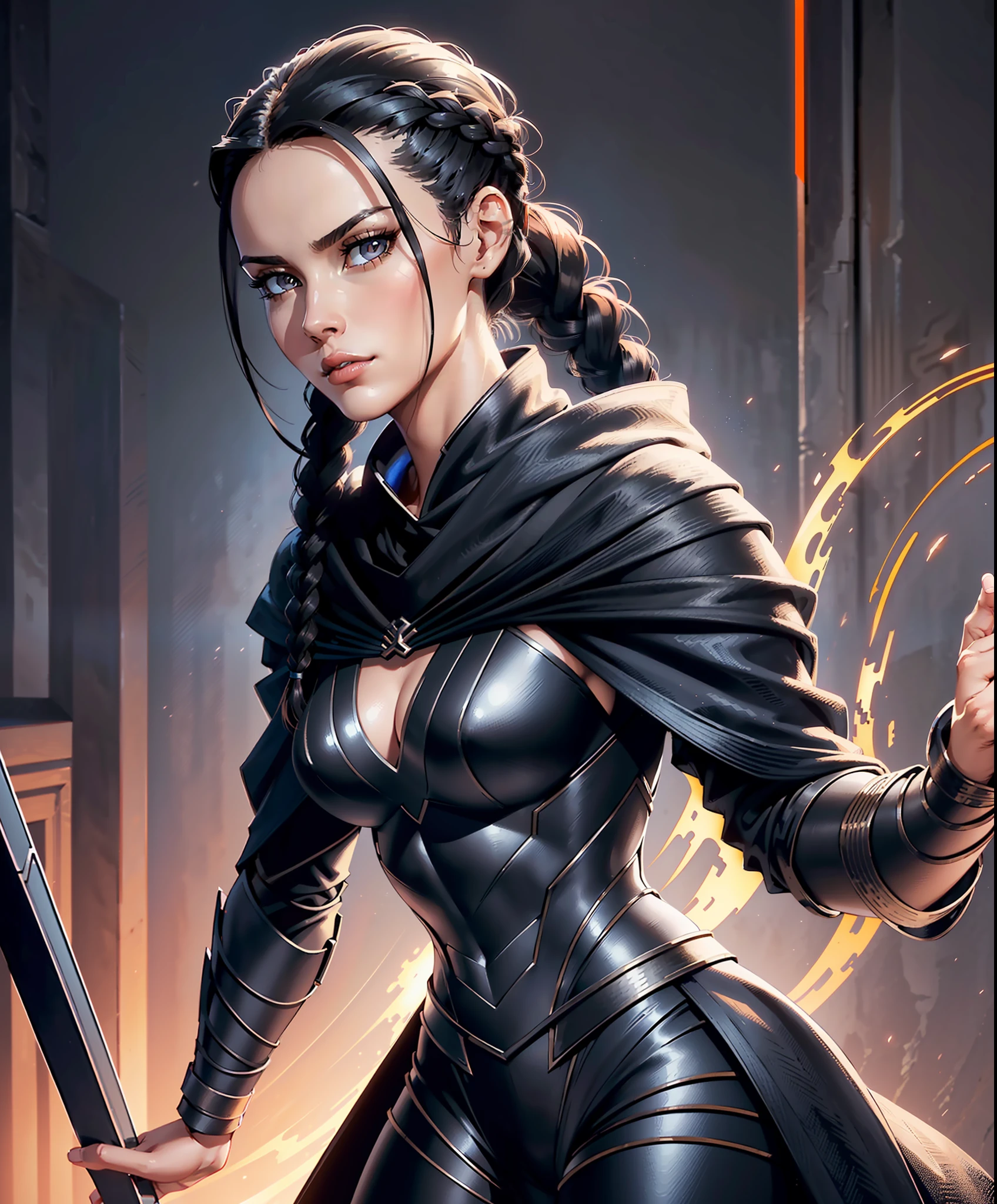 woman in her 20s, (perfect face), clear jaw line, beautiful lips, (beautiful bright fiery eyes), (long black hairstyle with braided ponytail), (perfect anatomy), (athletic body), (perfect hands), (detailed metal cloak), (looks at viewer), (medium shot), (heavenly chamber background in detail), photorealistic, ((difficulty 1.4)), ((fine details 1.4))
