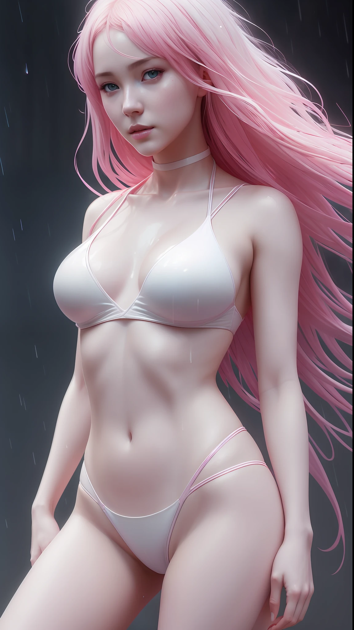pink and white, bikini, heavy rain, magic, highly detailed, artstation trends, unreal engine 4k, cinematic wallpaper by stanley artgerm lau, wlop, rossdraws, james jean, andrei riabovitchev, marc simonetti, yoshitaka amano. Background by James Jean and Gustav Klimt, light by Julie Bell, 4k, porcelain skin, zdislaw beksinski style, details, 8k, dynamic lighting, white chromatic aberration, soaking wet