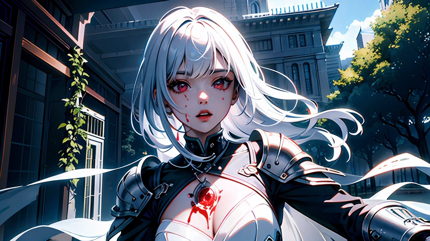 ((masterpiece)), (((best quality))), (((ultra detail))), 8K, ((illustration)), ((semi-realistic)), (reflections), sharp focus, front lighting, intense shadows, (beautiful detailed eyes), eyelashes, (extremely tender and beautiful girl), ((red eye)), silver hair, (jacket), (trousers), long hair, (with katana in hand), (((detailed eyes))), (cold-blooded), medium chest, shiny skin, cinematic lighting mask, ray tracing, depth of field, dynamic angle, looking at the viewer, ((epic background)), (blood on the face 1.2), (((difficulty 1.4))), ((fine details 1.4)), HDR (High Dynamic Range), ray tracing, NVIDIA RTX, Super-Resolution, Unreal 5, Subsurface scattering, PBR-texturing, post-processing, anisotropic filtering, depth of field, maximum clarity and clarity, layered textures, albedo and mirror maps, surface shading, precise light-material interaction modeling, perfect proportions, octa-rendering, Dual tone lighting, wide aperture, low ISO, white balance, rule of thirds, 8K RAW, Crysisnanosuit