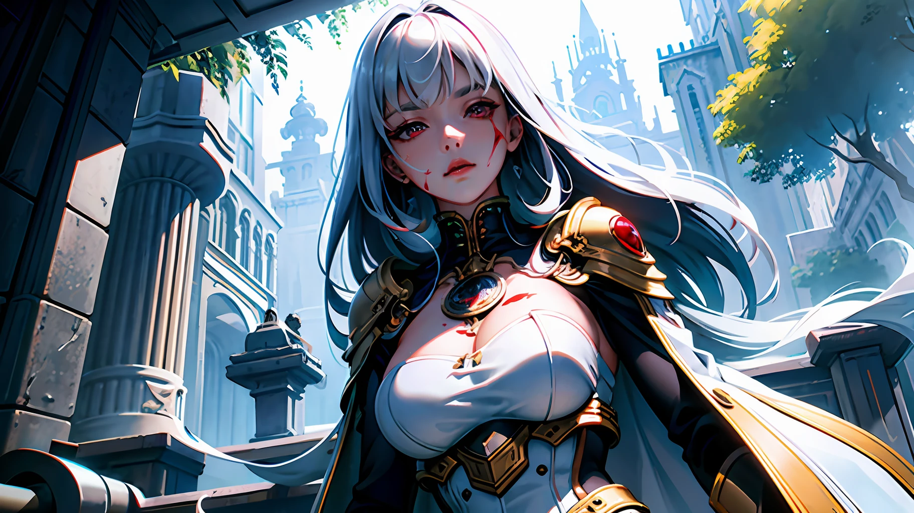 ((masterpiece)), (((best quality))), (((ultra detail))), 8K, ((illustration)), ((semi-realistic)), (reflections), sharp focus, front lighting, intense shadows, (beautiful detailed eyes), eyelashes, (extremely tender and beautiful girl), ((red eye)), silver hair, (jacket), (trousers), long hair, (with katana in hand), (((detailed eyes))), (cold-blooded), medium chest, shiny skin, cinematic lighting mask, ray tracing, depth of field, dynamic angle, looking at the viewer, ((epic background)), (blood on the face 1.2), (((difficulty 1.4))), ((fine details 1.4)), HDR (High Dynamic Range), ray tracing, NVIDIA RTX, Super-Resolution, Unreal 5, Subsurface scattering, PBR-texturing, post-processing, anisotropic filtering, depth of field, maximum clarity and clarity, layered textures, albedo and mirror maps, surface shading, precise light-material interaction modeling, perfect proportions, octa-rendering, Dual tone lighting, wide aperture, low ISO, white balance, rule of thirds, 8K RAW, Crysisnanosuit