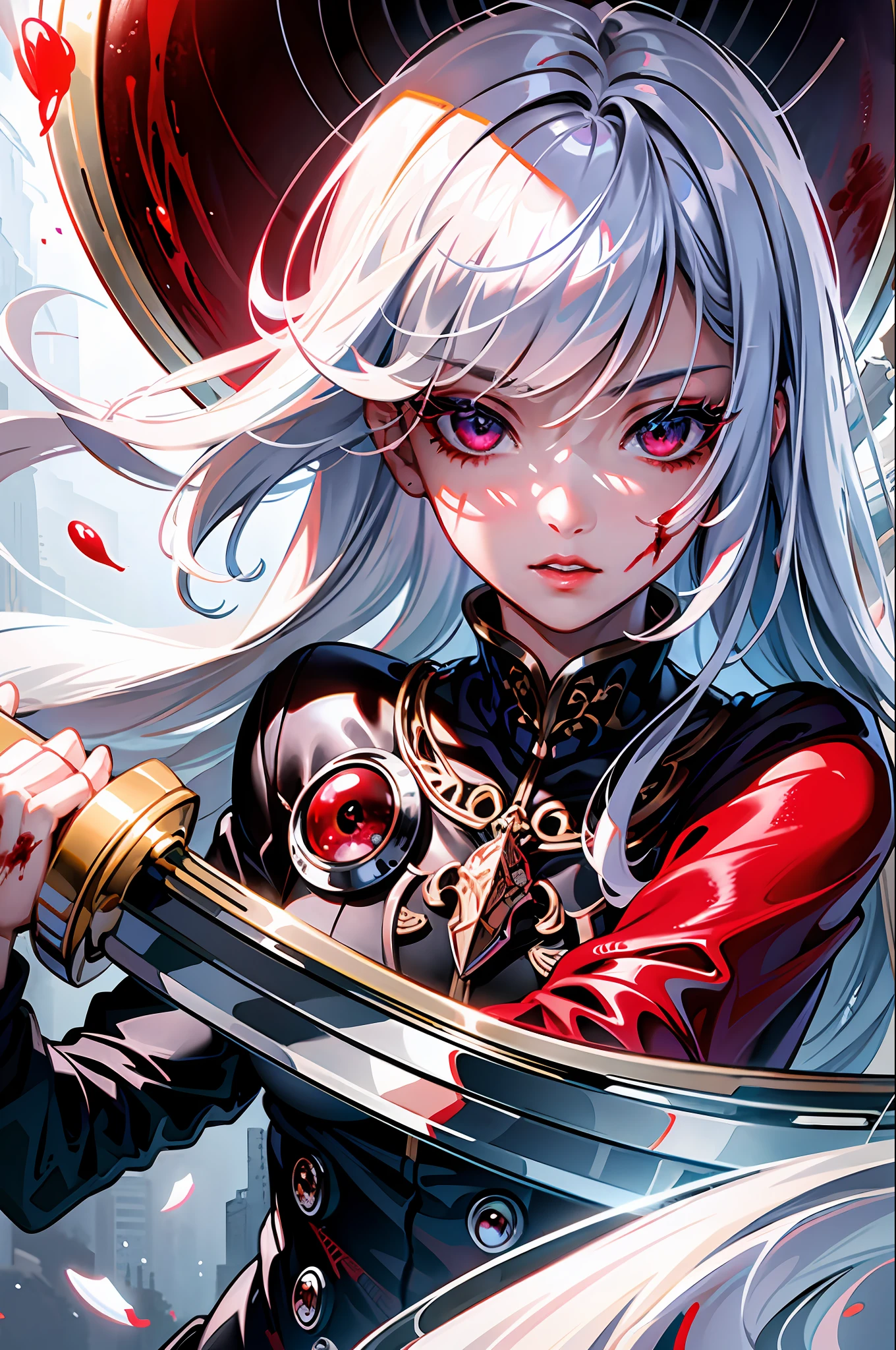 ((masterpiece)), (((best quality))), ((ultra detail)), ((illustration)), ((semi-realistic)), (reflections), sharp focus, front lighting, intense shadows, (beautiful detailed eyes), eyelashes, (extremely delicate and beautiful girl), ((red eye)), silver hair, (jacket), (trousers), long hair, (wielding a katana), ((detailed eyes)), ( cold-blooded), medium chest, shiny skin, cinematic lighting mask, ray tracing, depth of field, dynamic angle, looking at the viewer, ((epic background)), (blood on the face 1.2), (difficulty 1.4)
