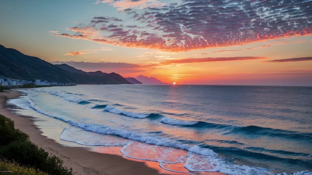 Analog style, ChromaV5,nvinkpunk,(extremely detailed CG unity 8k wallpaper), A Landscape of an endless ocean with deep blue waters, the sun setting behind the horizon casting a orange and pink glow on the water,award winning photography, Chromatic Aberration, Detailed , HDR, Bloom, impressionist style with brushstrokes depicting the movement of the water, by Monet and Turner ,trending on ArtStation, trending on CGSociety, art by midjourney